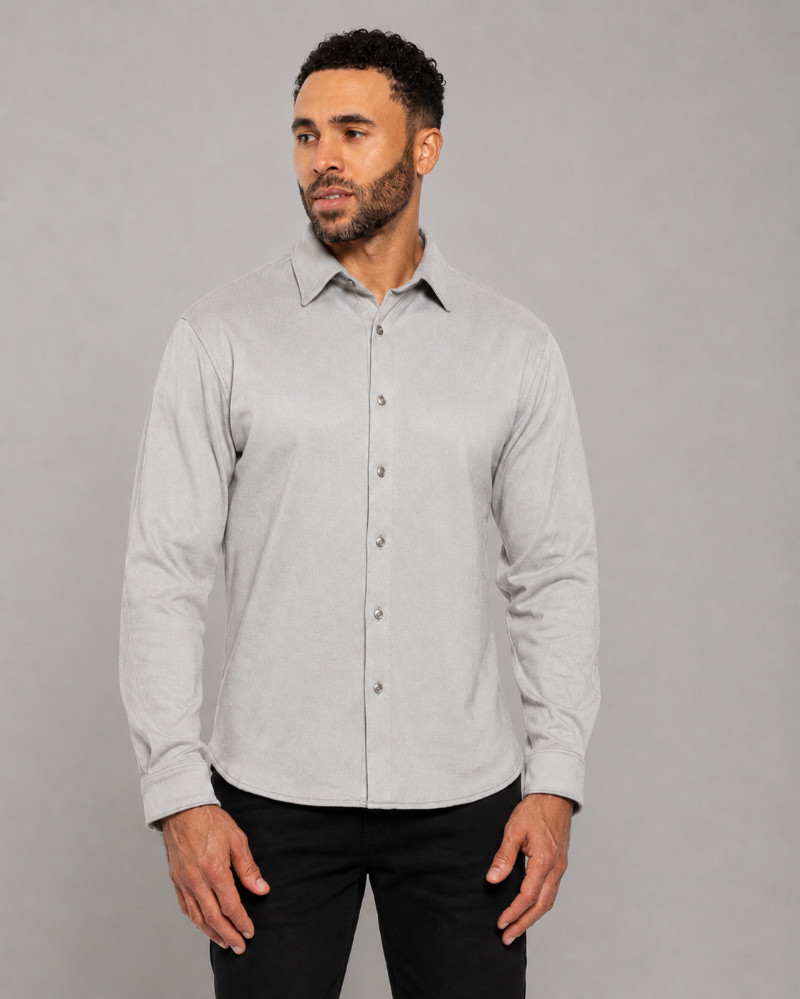 Light gray long-sleeve button-up shirt, front view