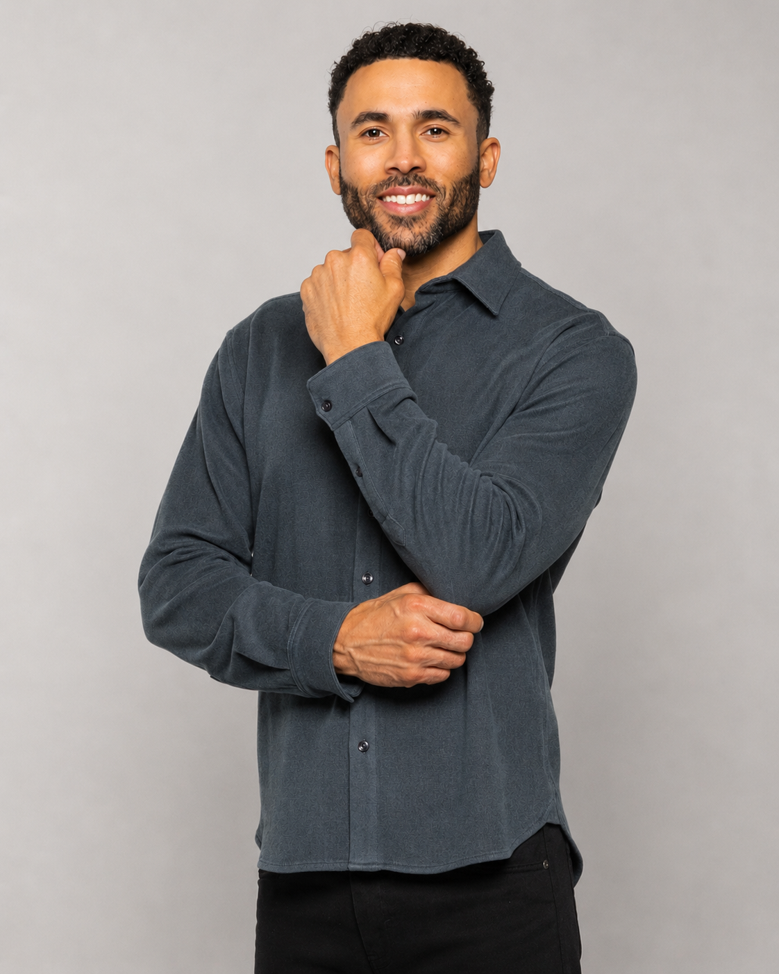 Men's dark slate long-sleeve button-up shirt with collar and button placket
