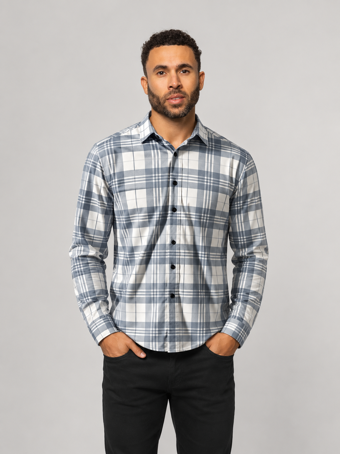 Men's dark slate plaid button-up shirt with long sleeves and button front