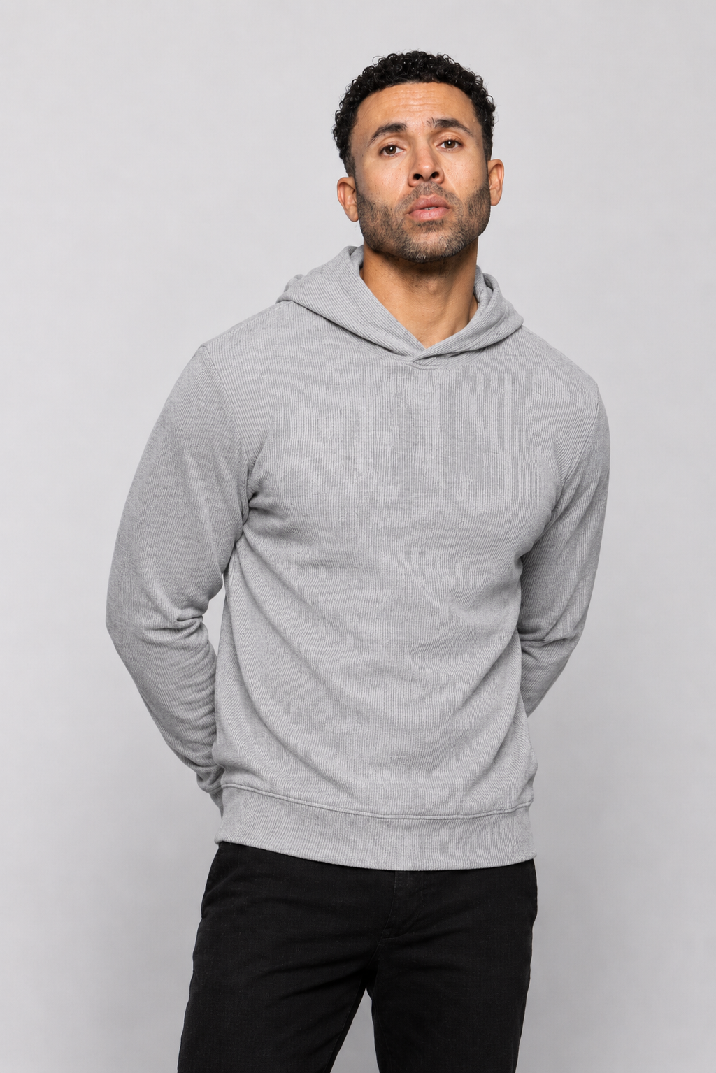 Heather gray hoodie with hood and kangaroo pocket, chest-up