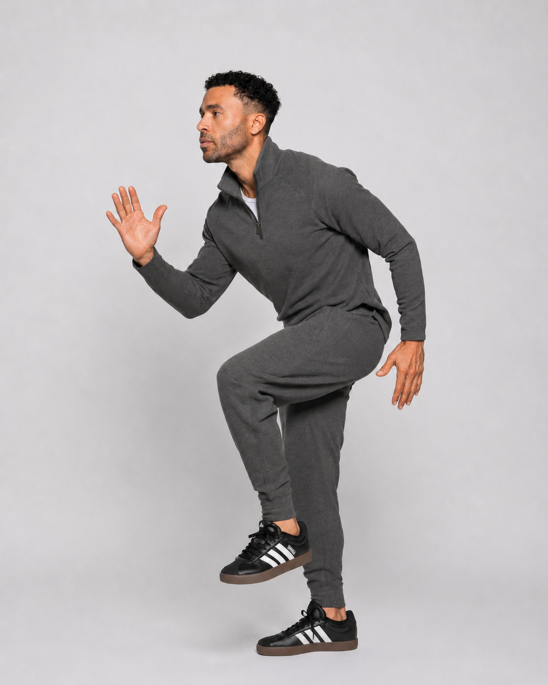 Gunmetal gray jogger pants, drawstring waist and ankle cuffs