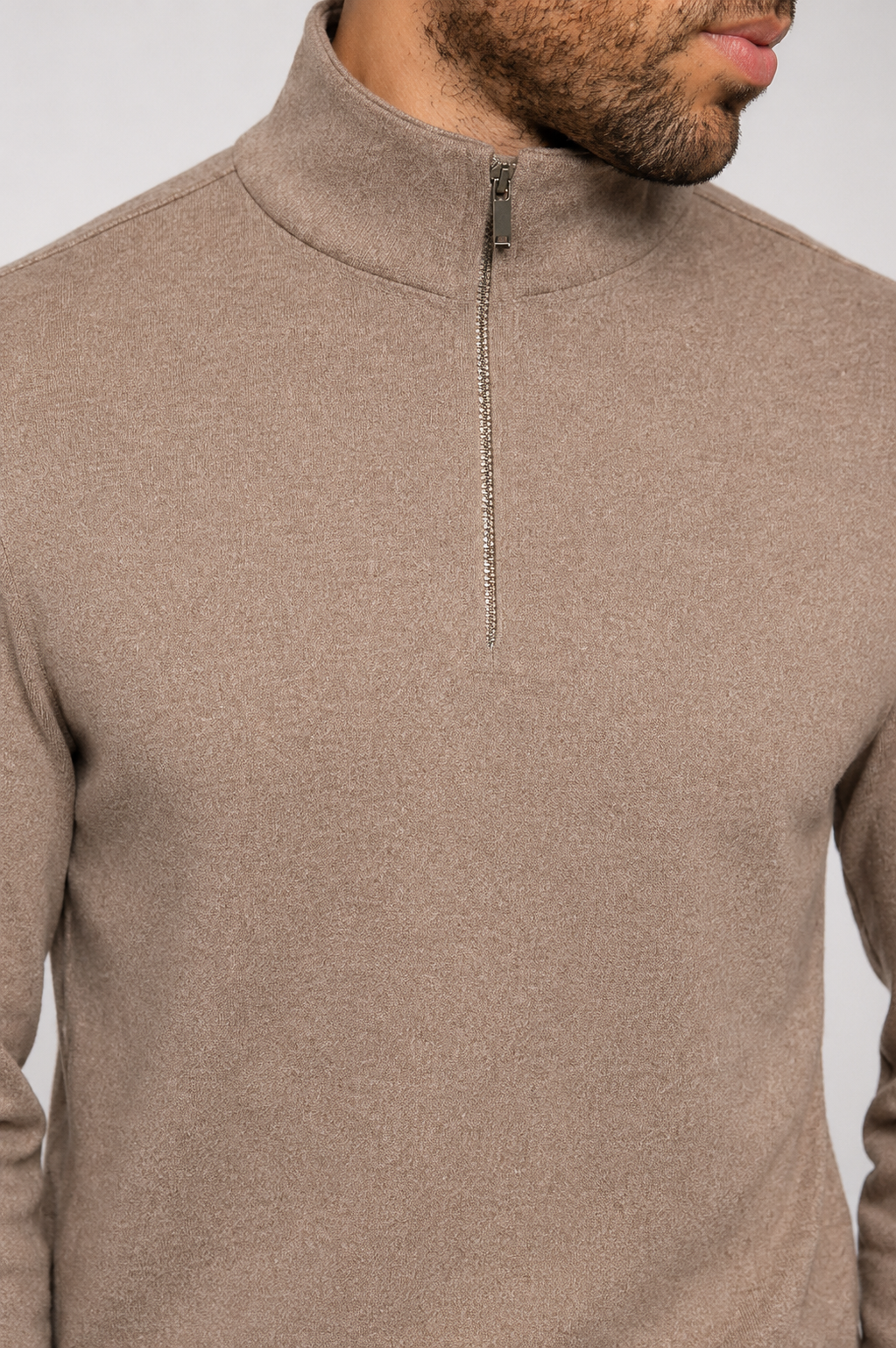 LIVINIT quarter-zip pullover close-up, tan knit stand collar with centered zipper
