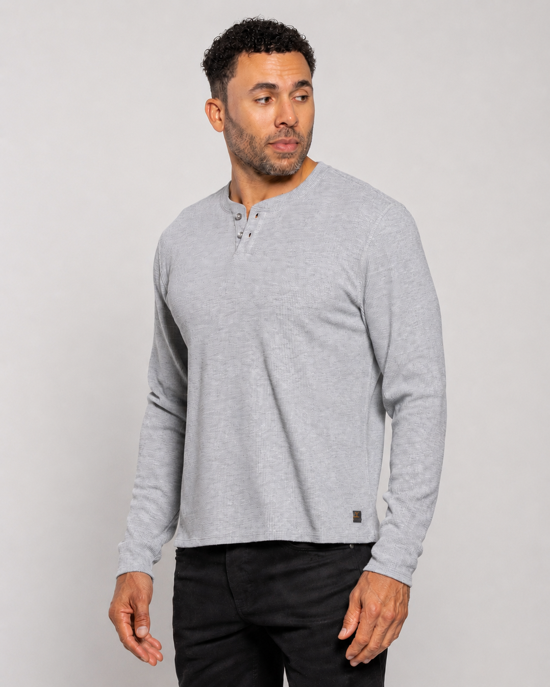 Men's heather gray long-sleeve henley shirt with button placket