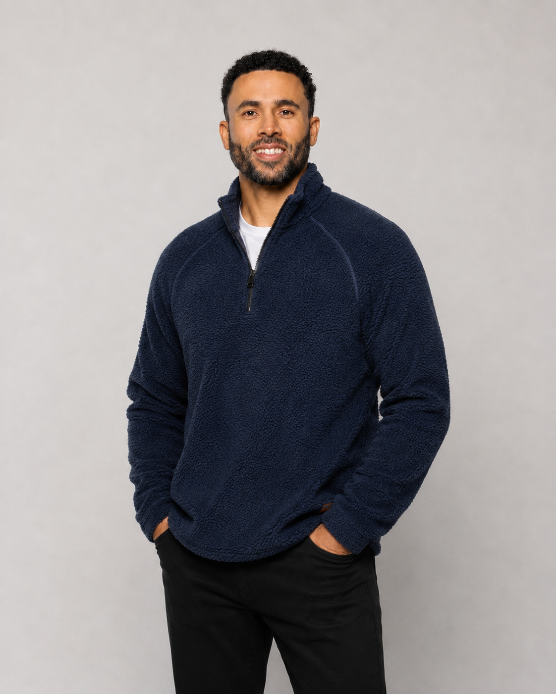 Indigo night quarter-zip fleece pullover with zip collar and long sleeves