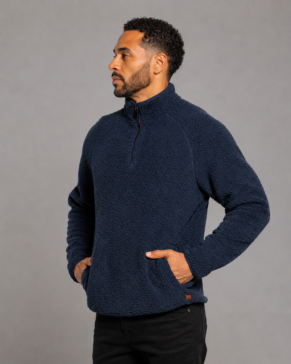 Indigo night quarter-zip fleece pullover with front zip and relaxed fit long sleeves
