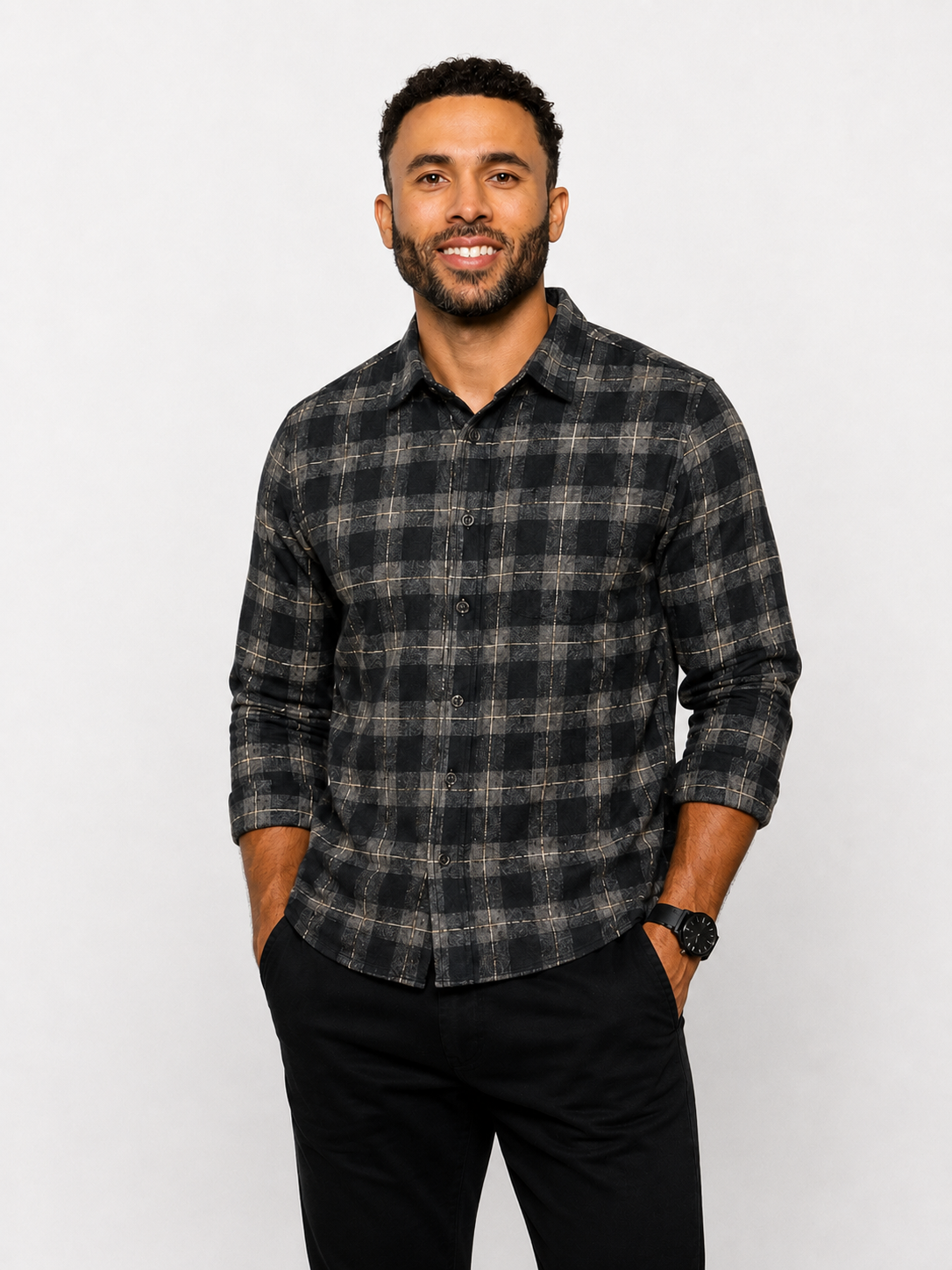 Navy plaid button-up shirt with long sleeves and button front