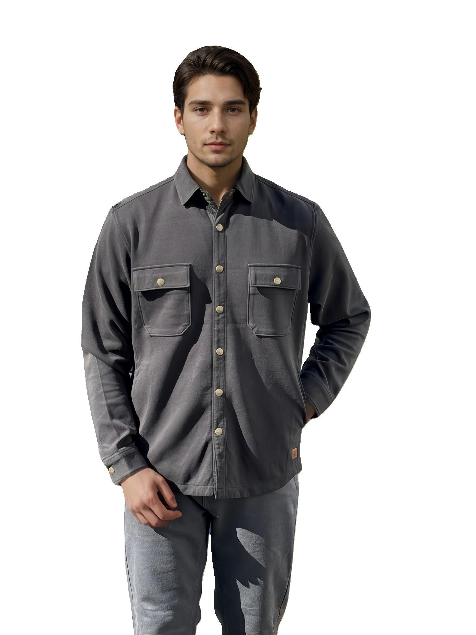 Black shirt jacket with button-front, spread collar, chest pockets, long sleeves