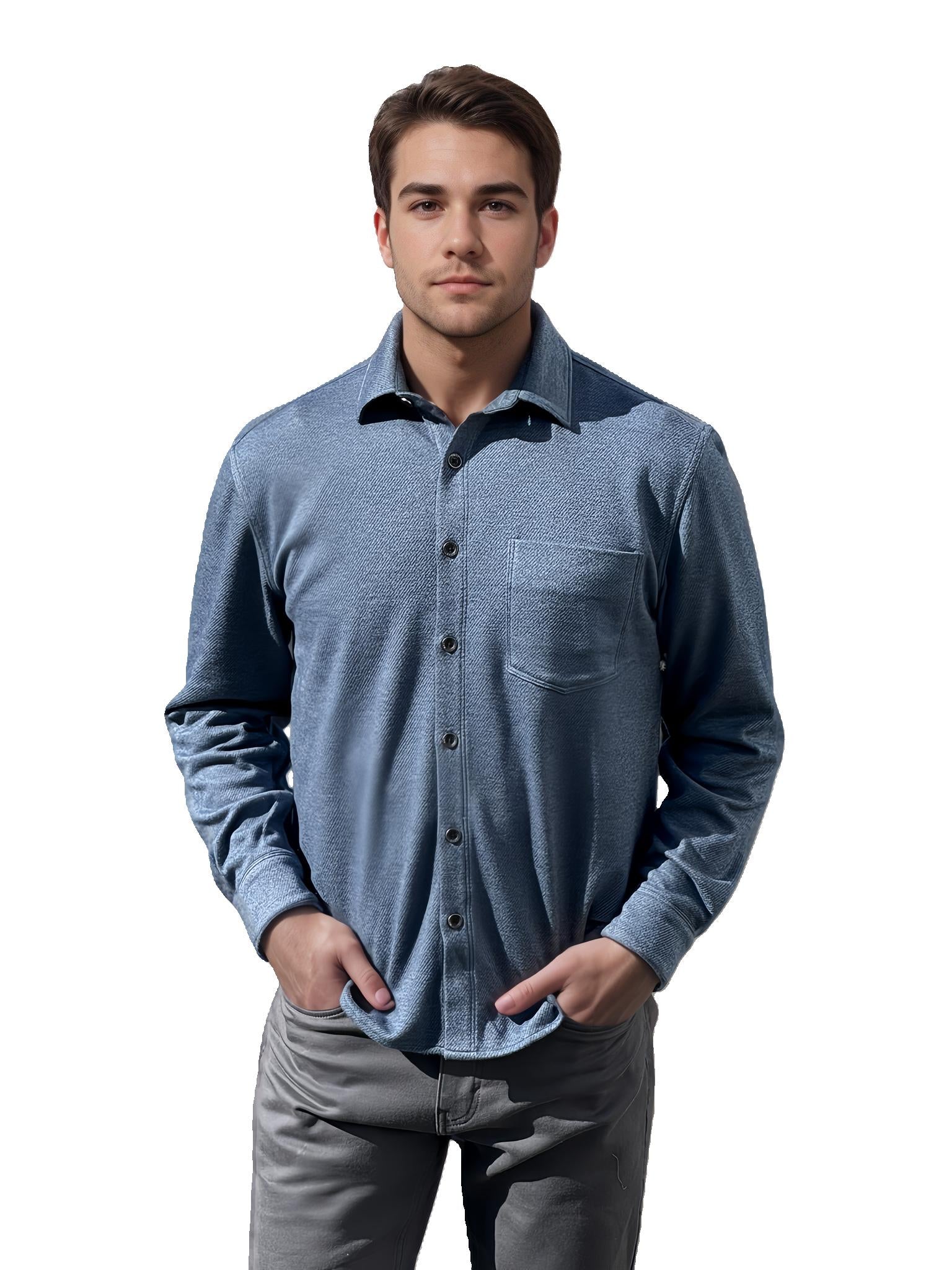 Indigo twill long-sleeve button-up shirt with chest pocket