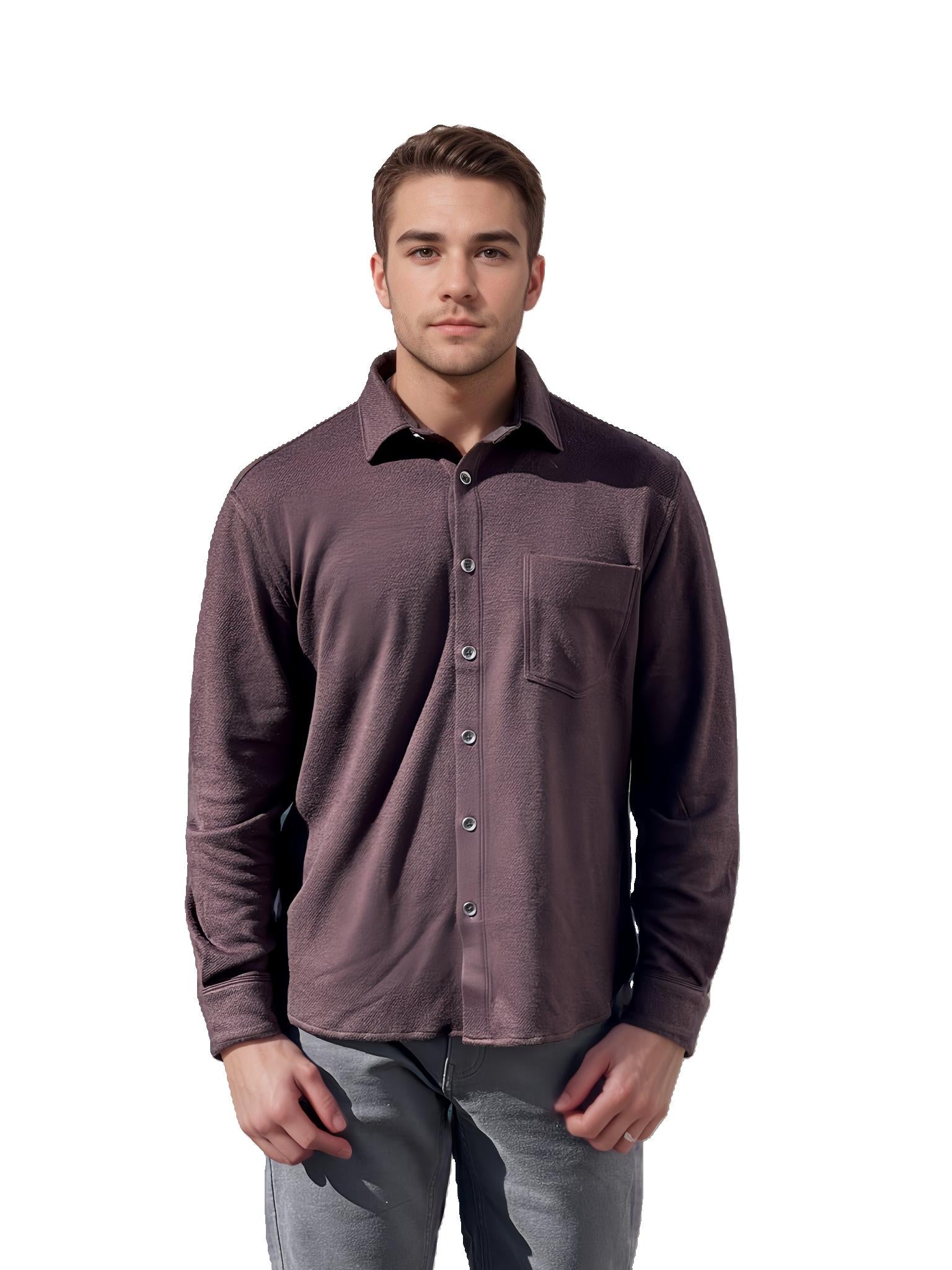Men's wine twill long-sleeve button-up shirt with chest pocket and dark collar