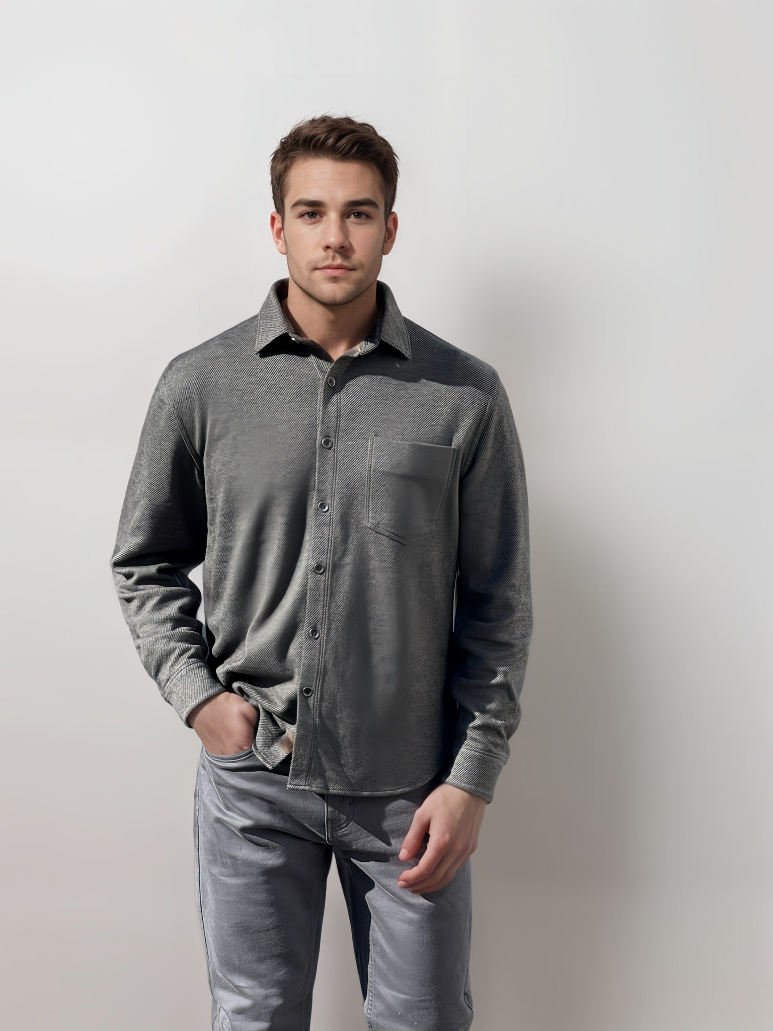 Jet black long-sleeve twill button shirt with collar and chest pocket