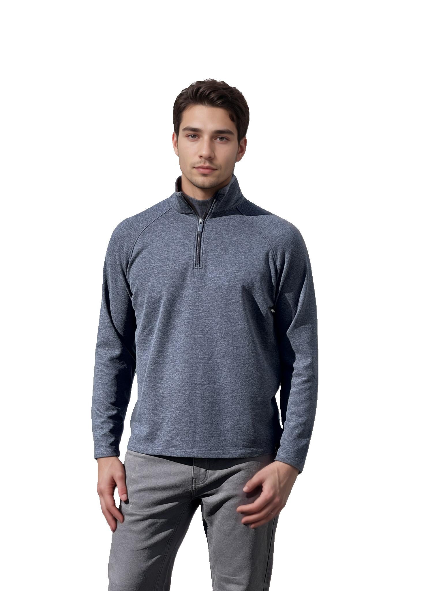 Men's quarter-zip pullover in dark indigo with long sleeves and front zipper.