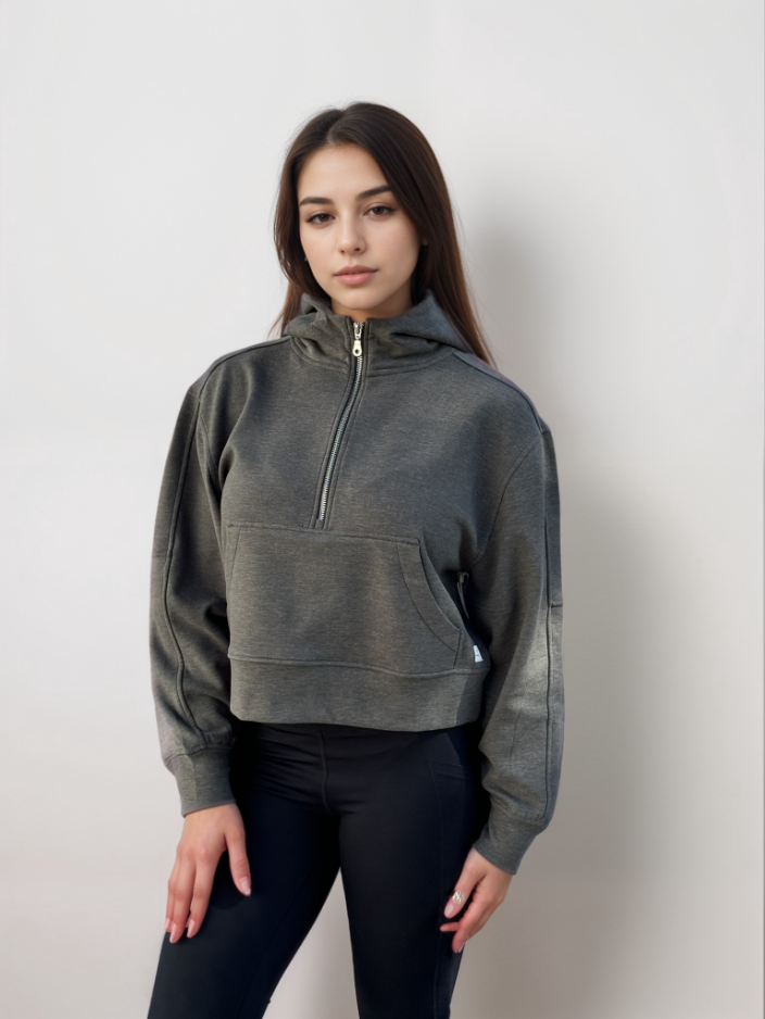 Gunmetal half-zip hoodie with kangaroo pocket