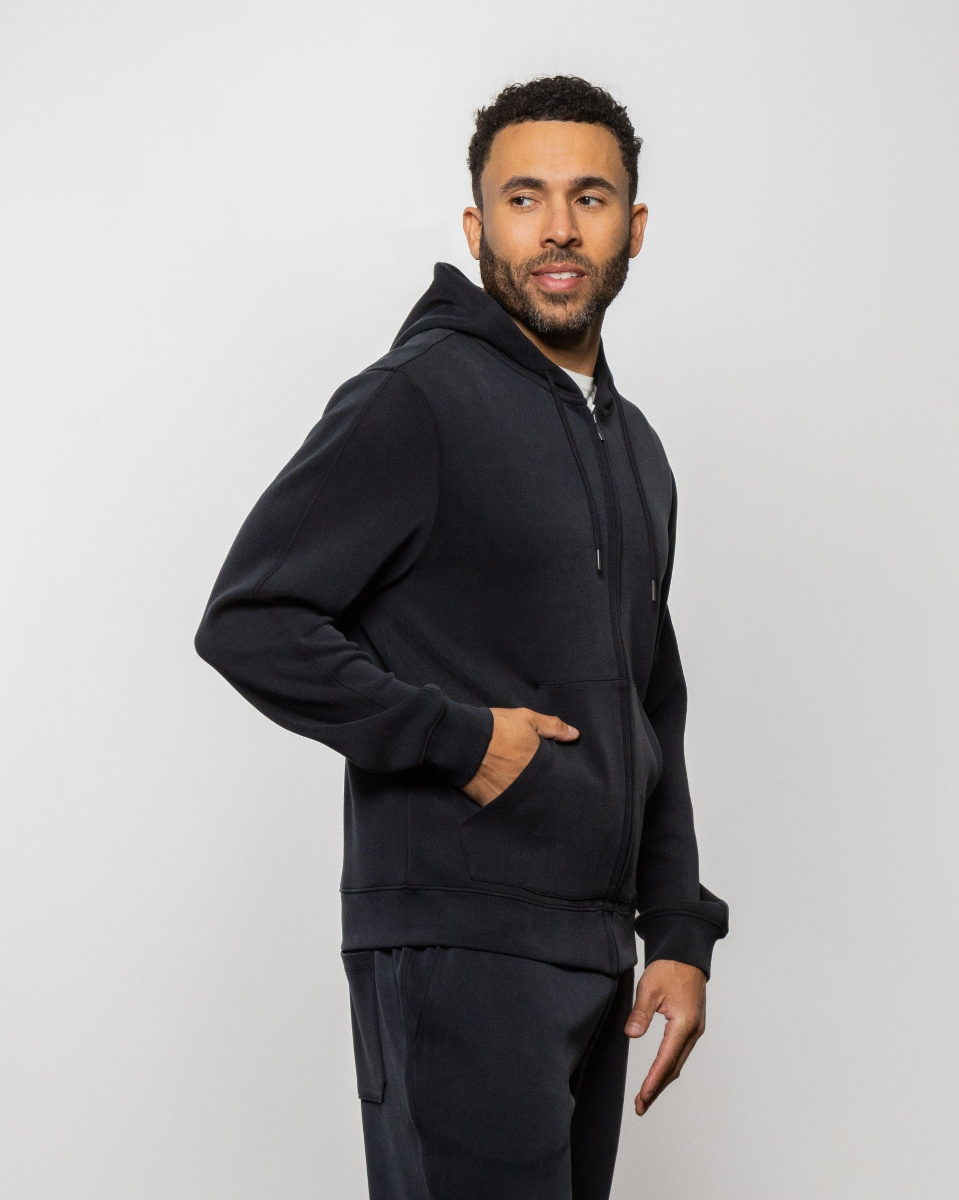 Jet black full-zip hooded sweatshirt with zip front and front pockets