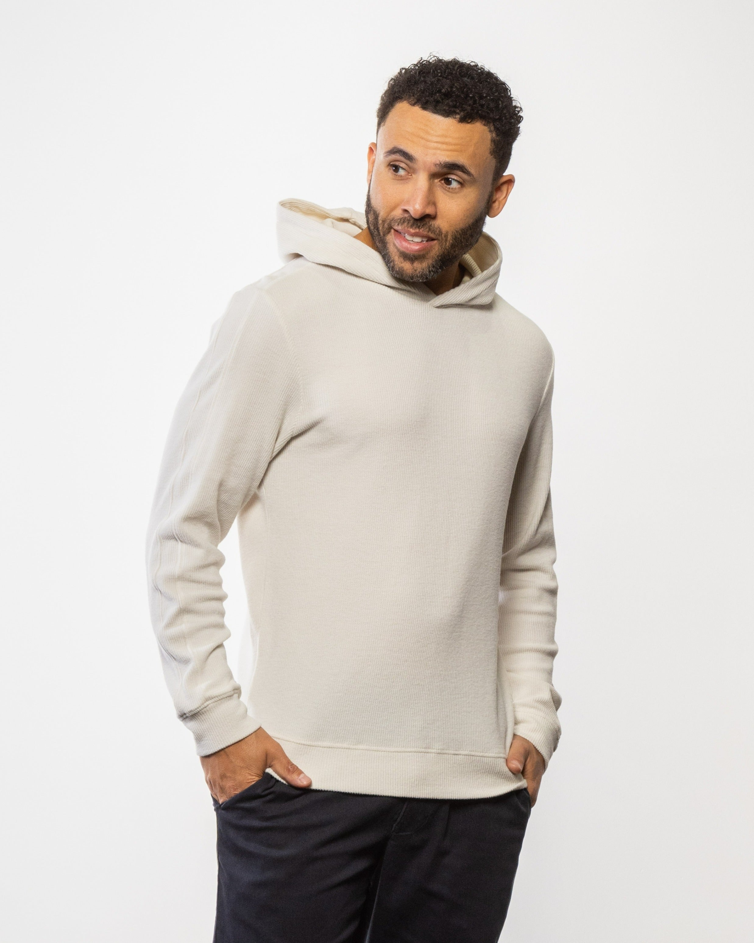 Light off-white smooth pullover hoodie with kangaroo pocket and hood
