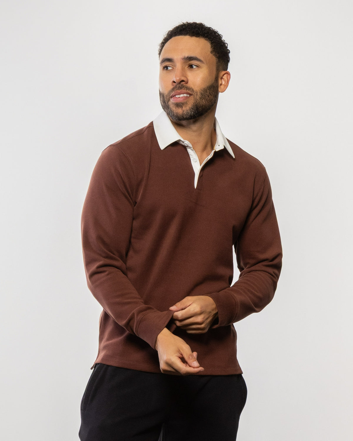 Men's rugby knit polo sweater, brick-brown with white collared placket