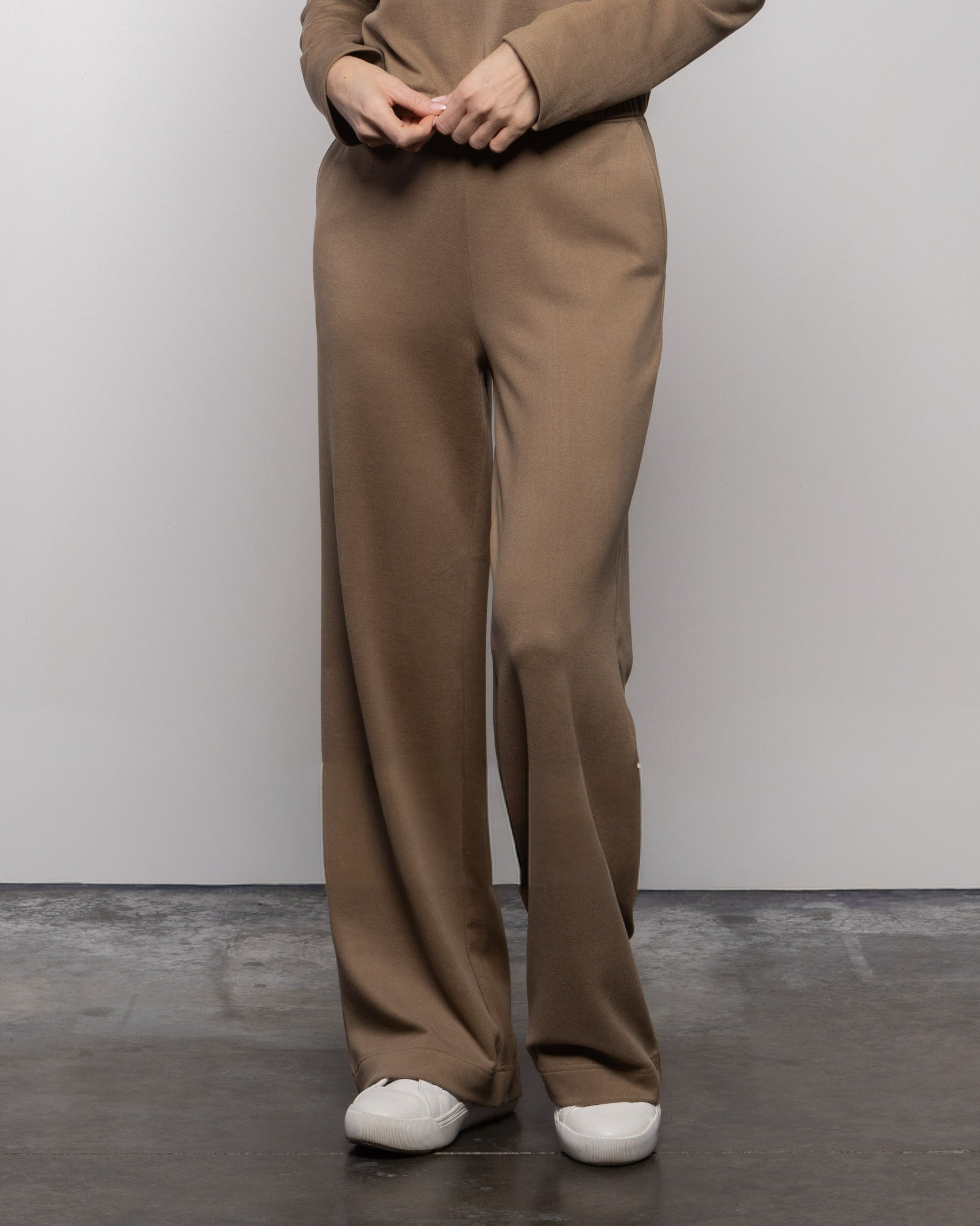 Wood brown wide-leg alpine pants, front view with full-length straight legs