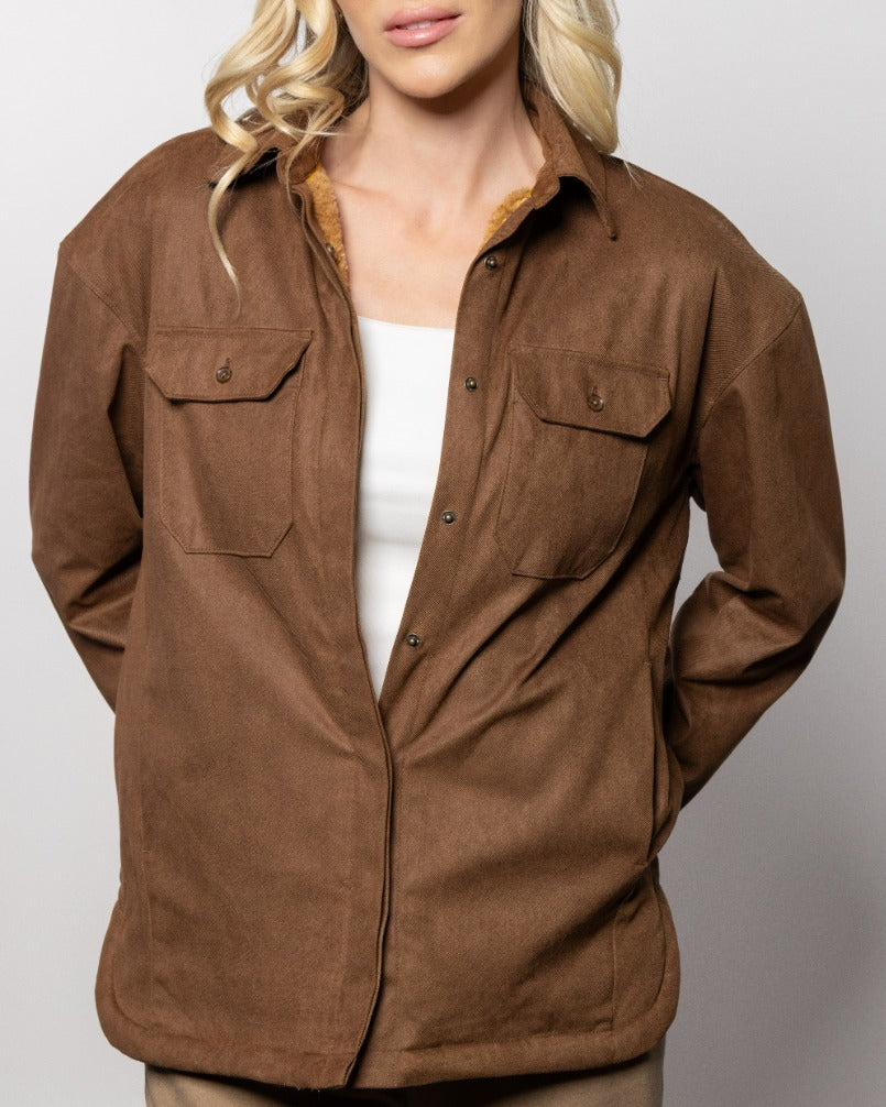 Brown shirt jacket with button front, chest pockets, and long sleeves