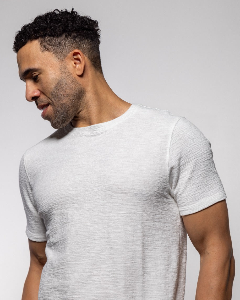 NAPA tee in summer white, short-sleeve crewneck shirt with heathered knit.