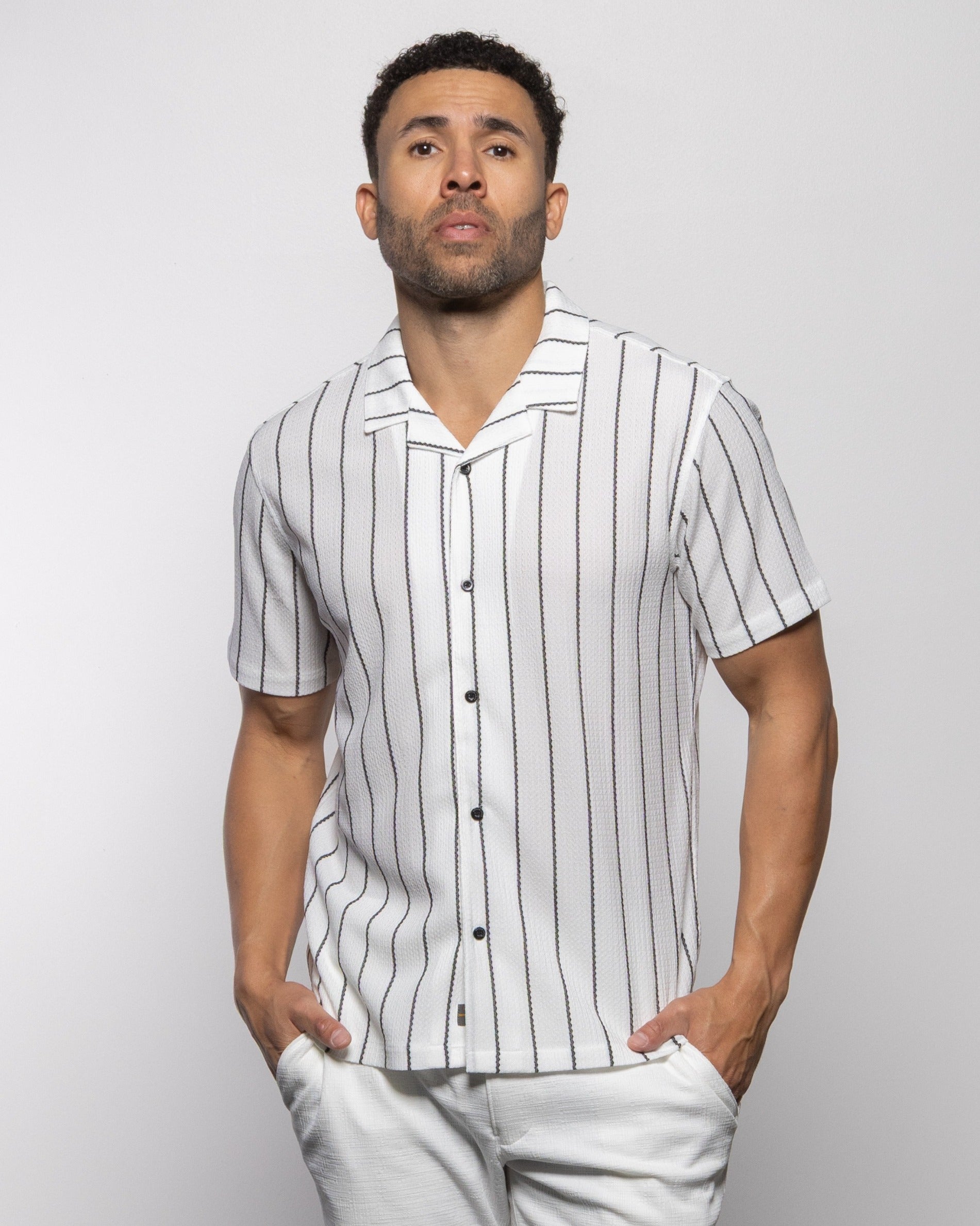 Men's white striped camp shirt, short sleeves, button-up front with pointed collar