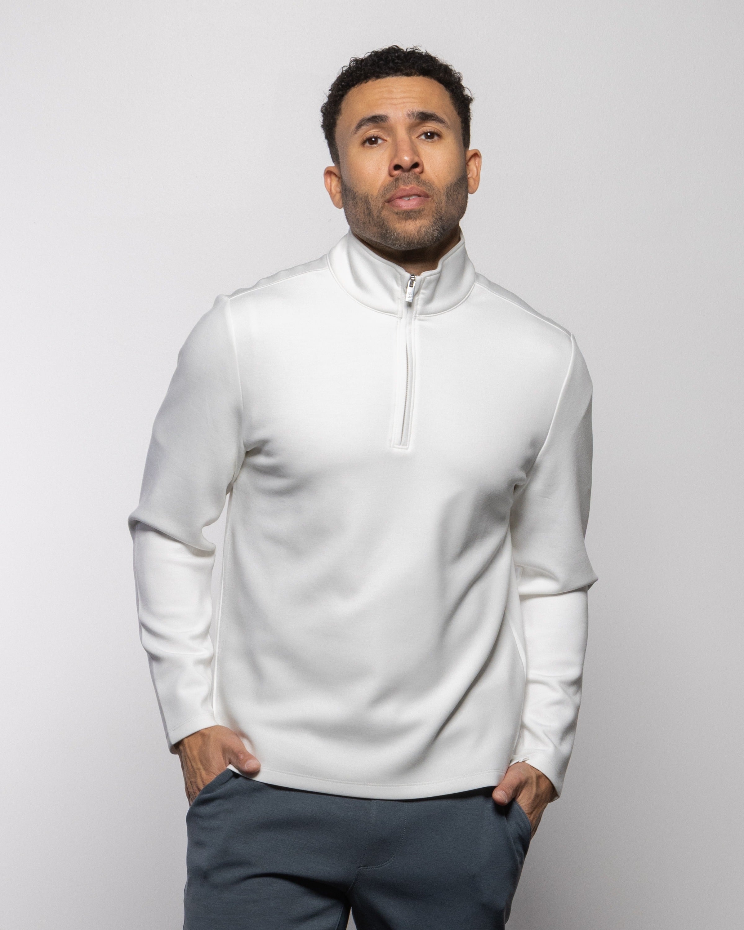 Men's quarter-zip pullover sweater in summer white, long sleeves