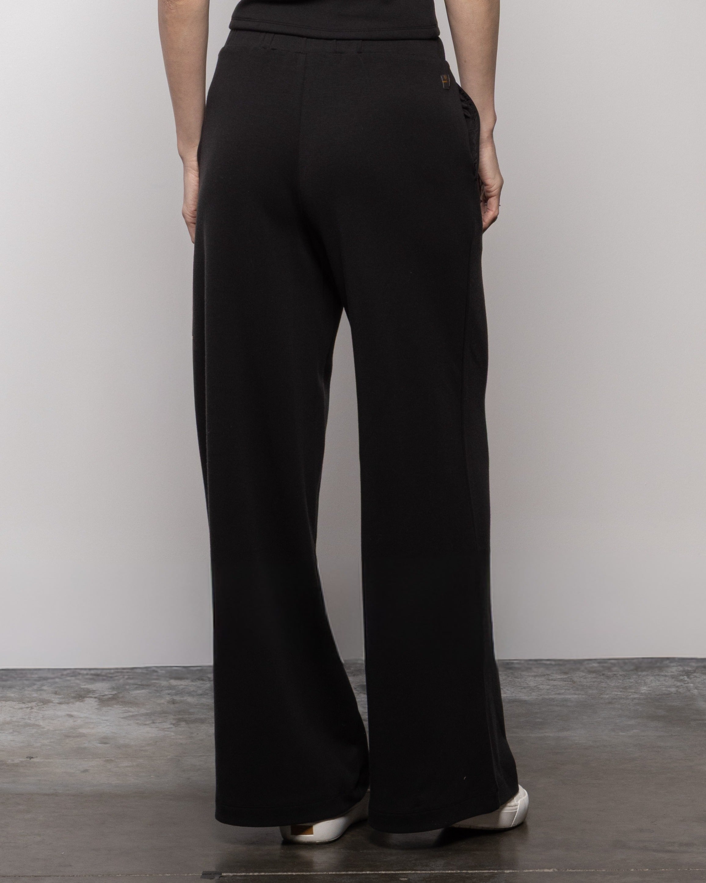 Jet black high-rise wide-leg pants, back view with seam details