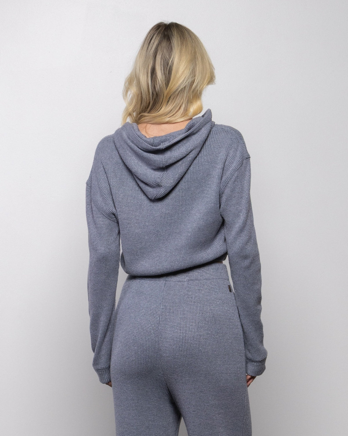 Heather gray-blue pullover hoodie with hood, kangaroo pocket, and long sleeves