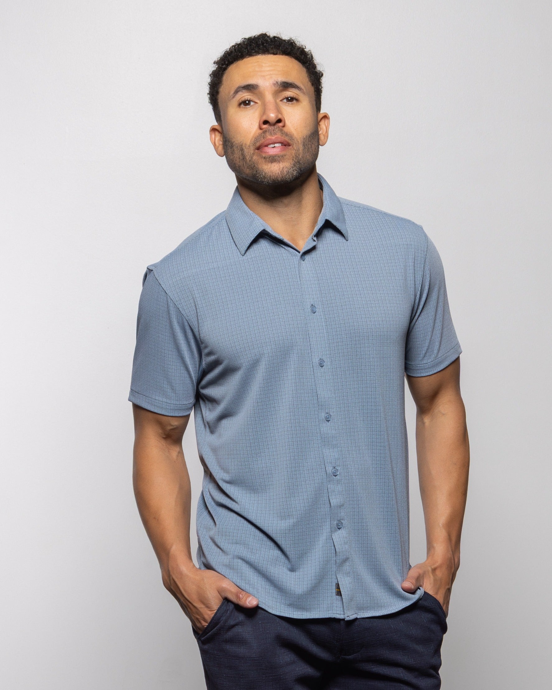 Men's dusty blue short-sleeve button-up shirt, front view