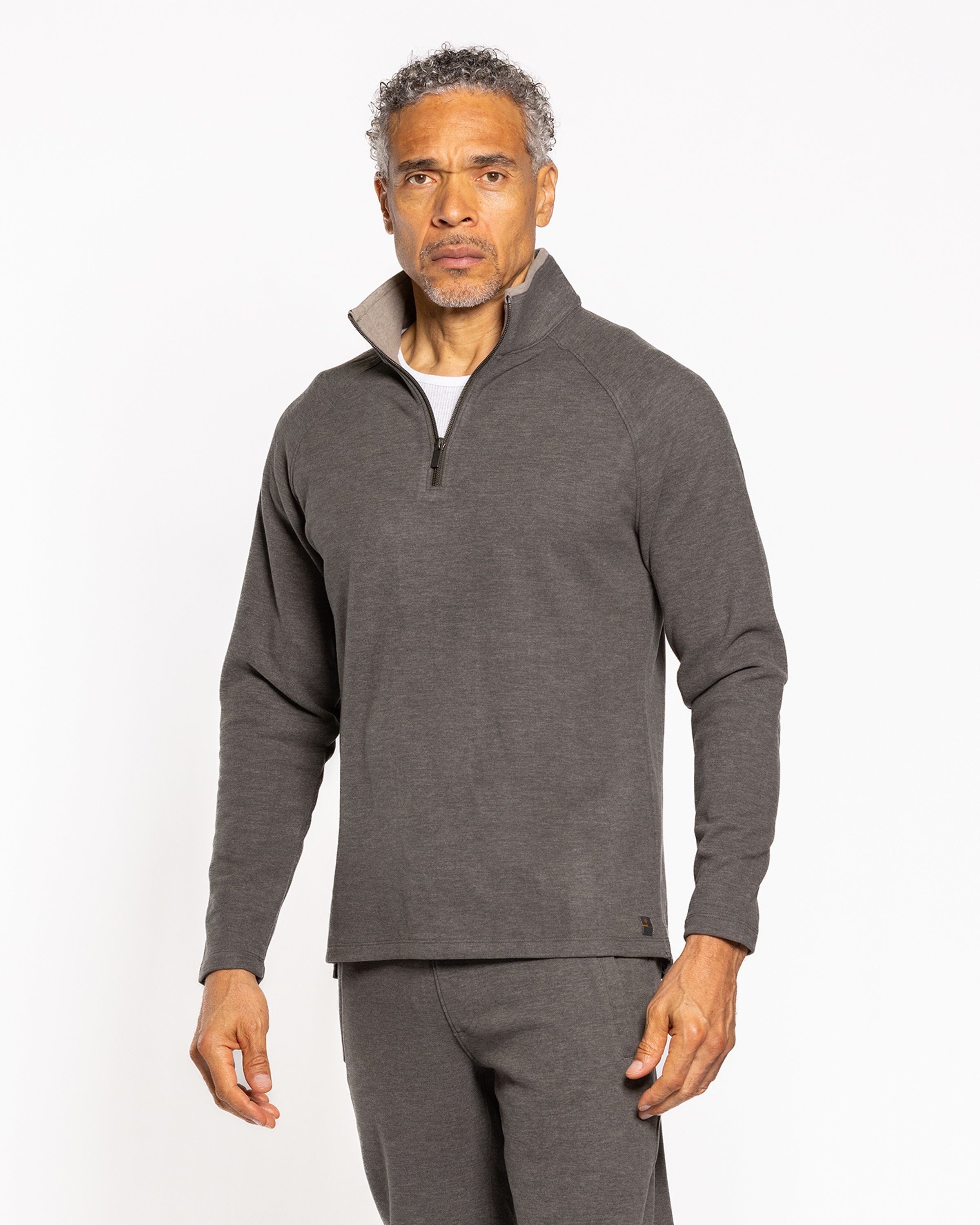 Men's gunmetal quarter-zip pullover, half-zip front and long sleeves