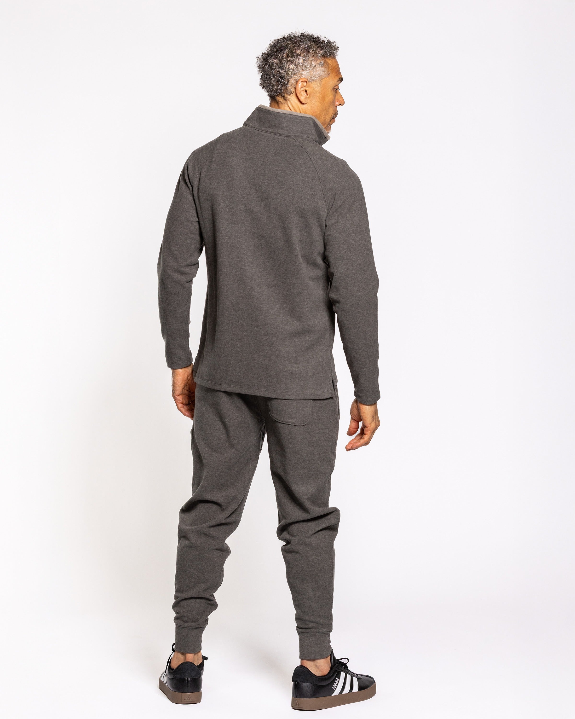 Men's gunmetal quarter-zip pullover back view with long sleeves
