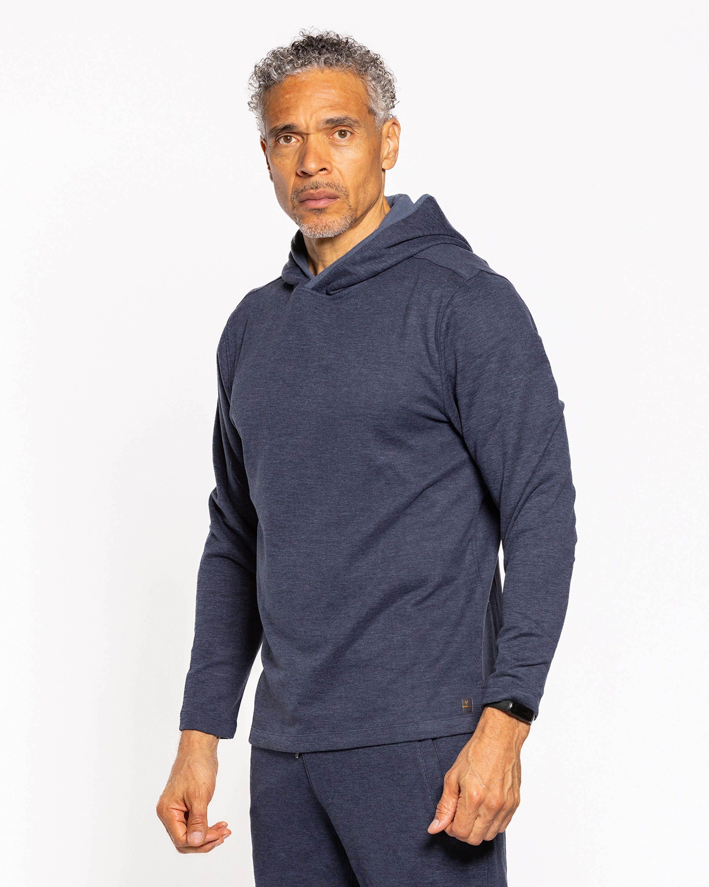 Men's indigo night pullover hoodie, drawstring hood and kangaroo pocket