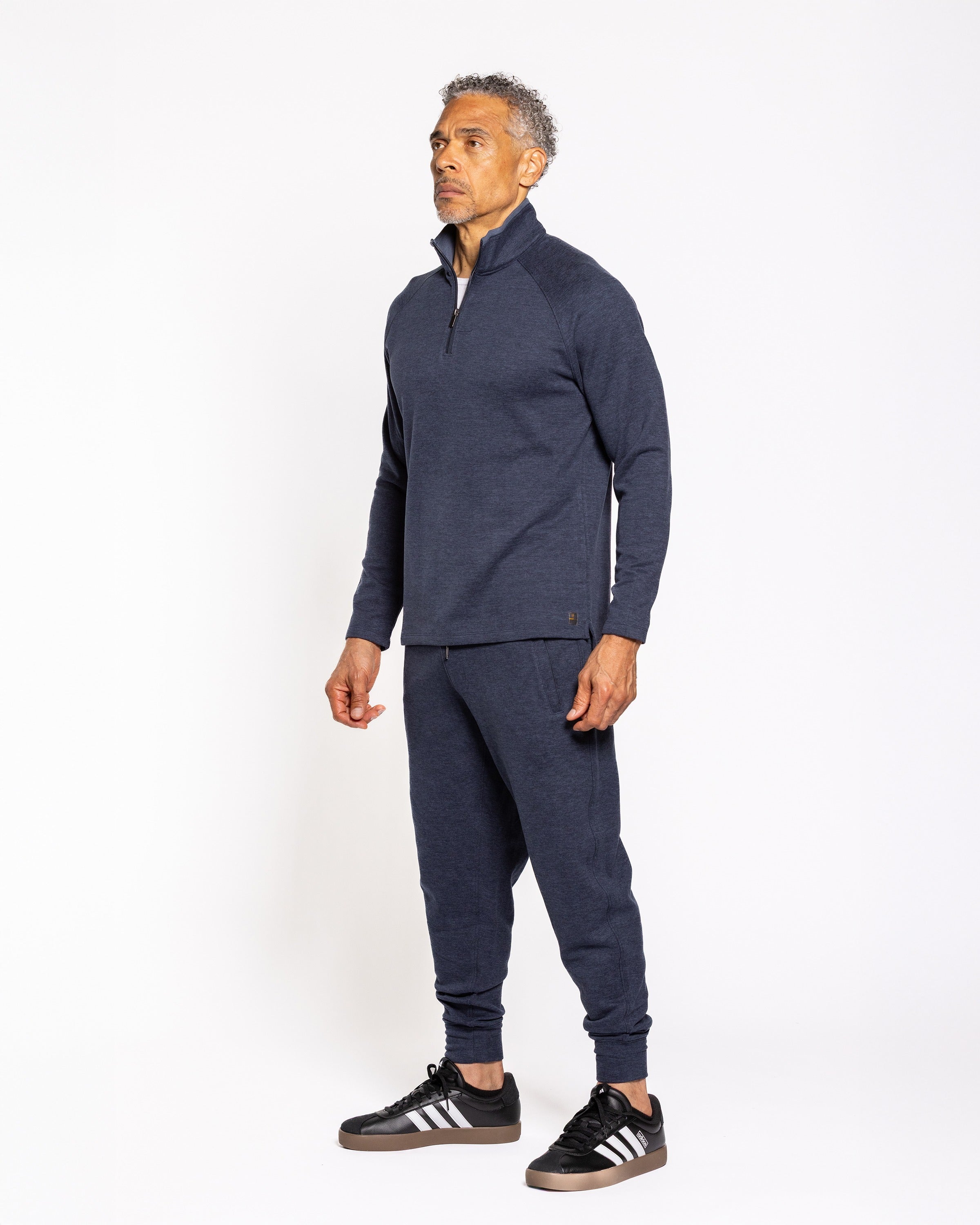 Asher quarter-zip pullover, side view, long sleeves, dark indigo heather fabric