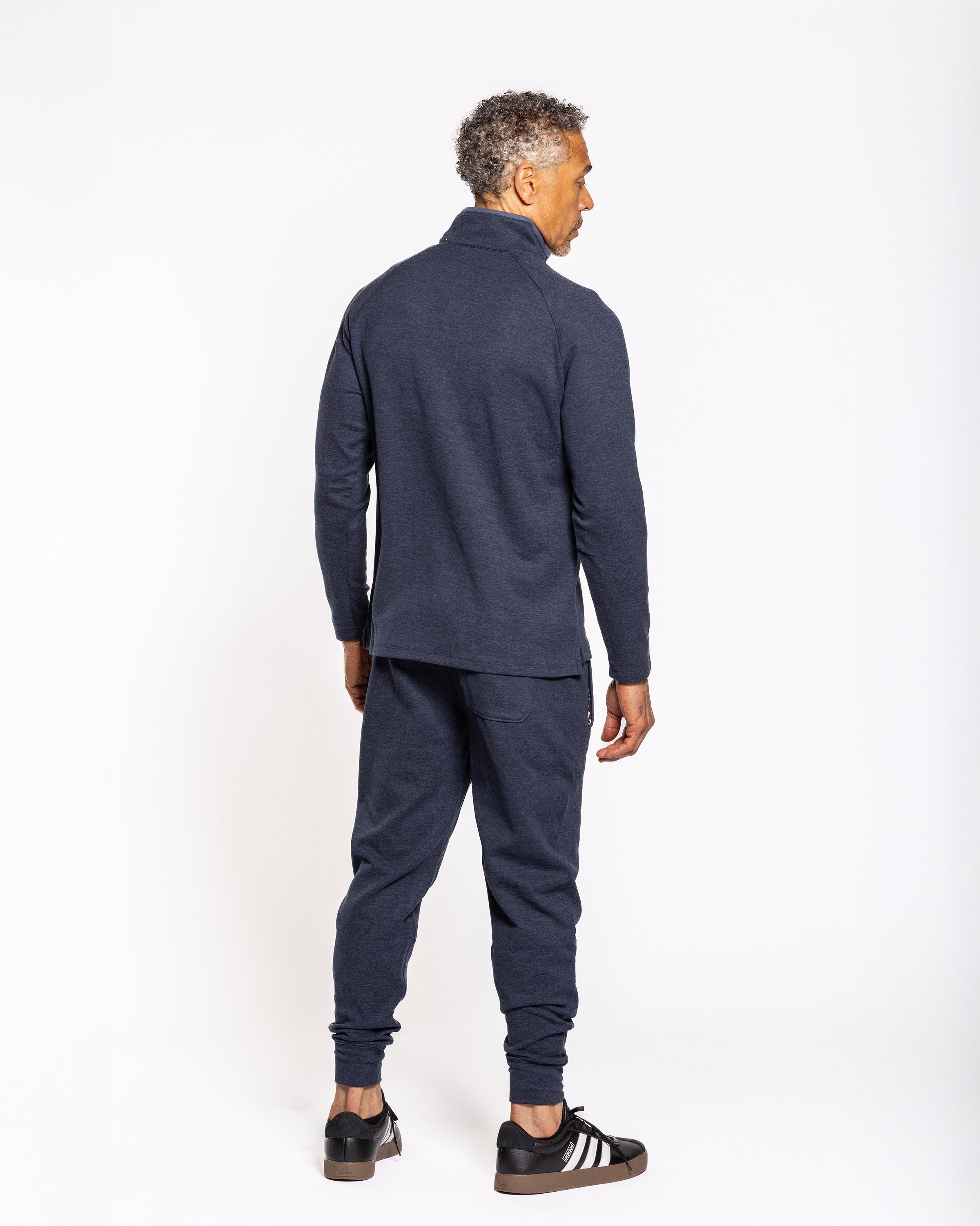 Asher quarter-zip pullover, back view, long sleeves, dark indigo heather fabric