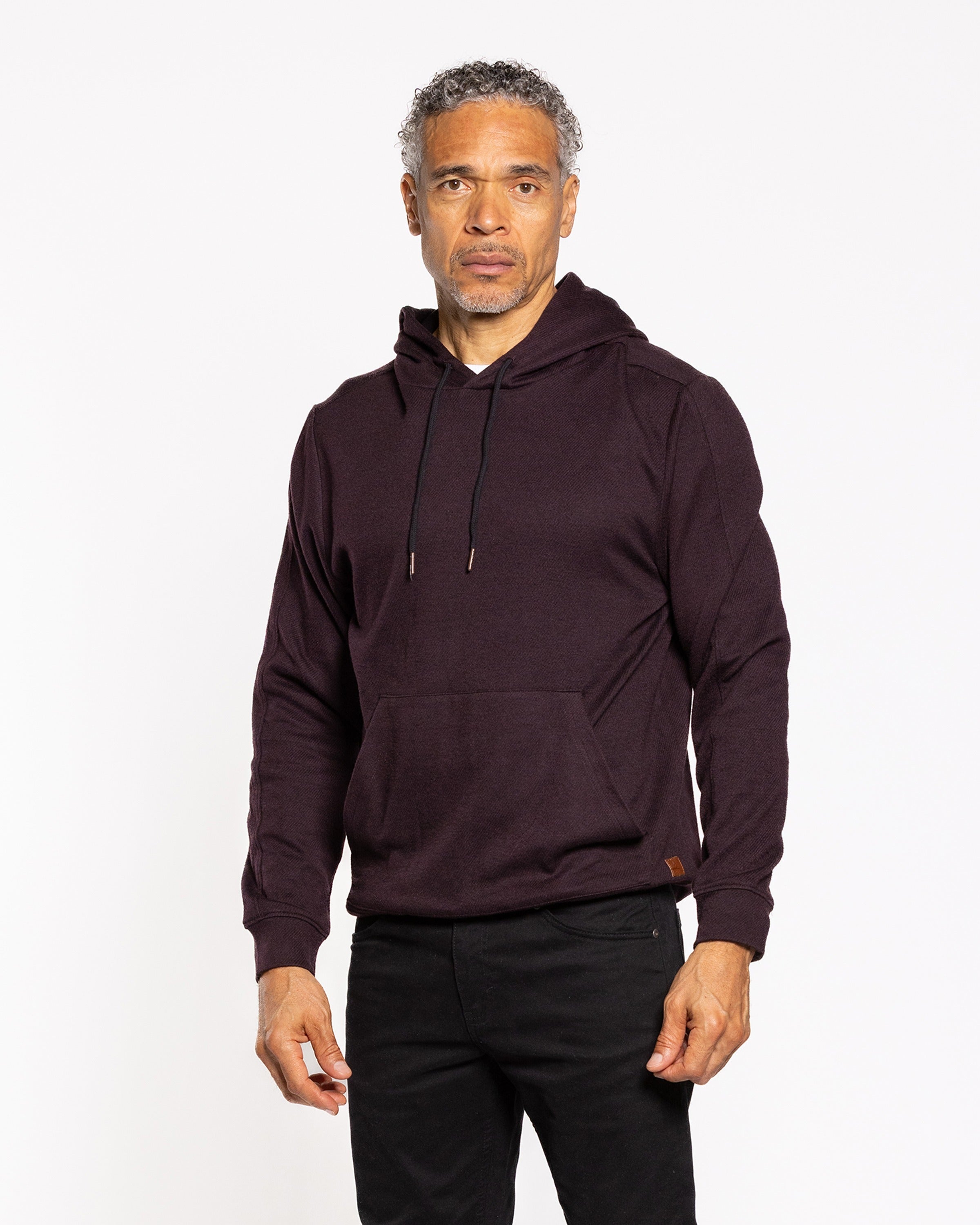 Men's dark wine twill hoodie, front view, drawstring hood and kangaroo pocket