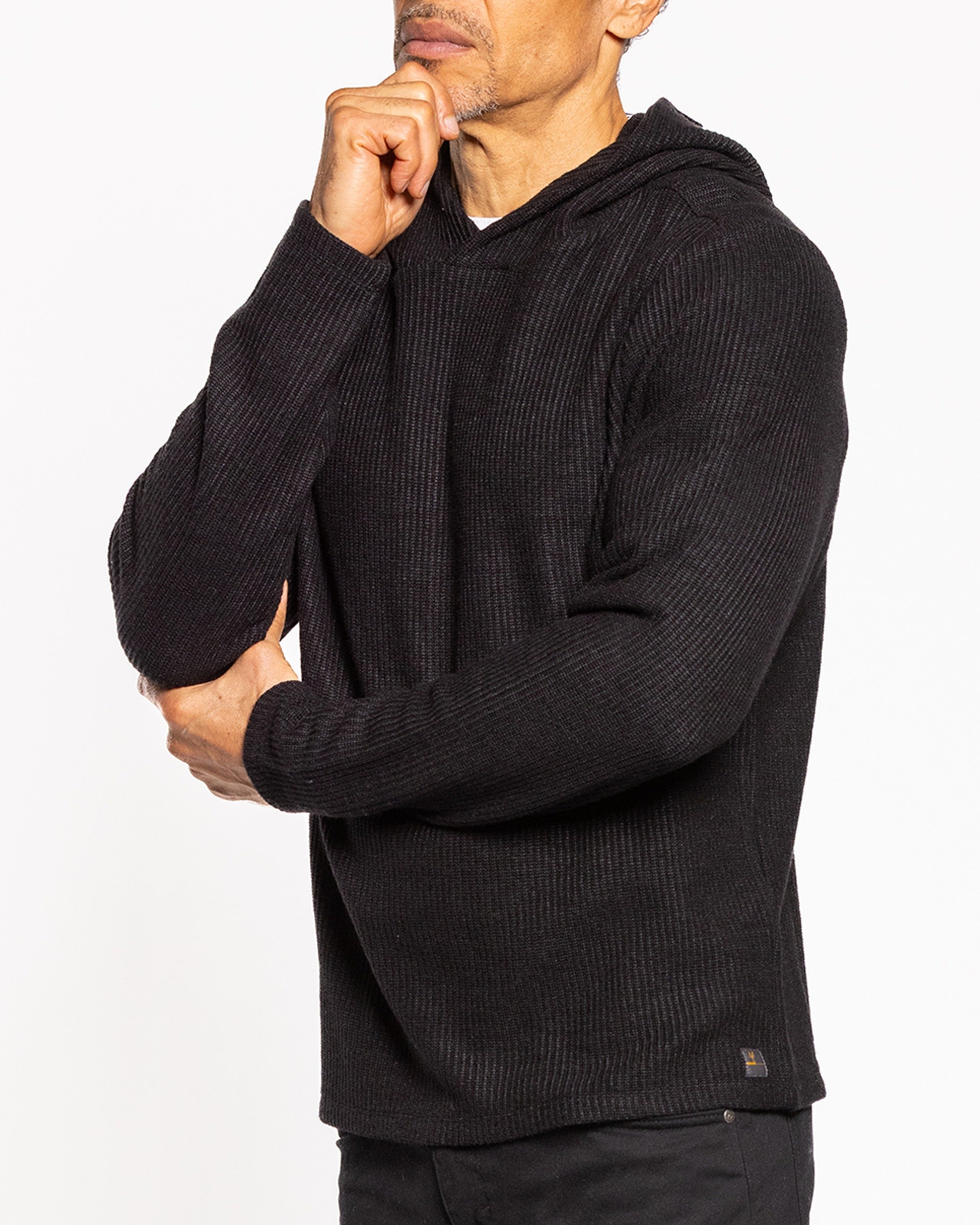 Jet black hoody with kangaroo pocket, drawstring hood, ribbed hem and cuffs.