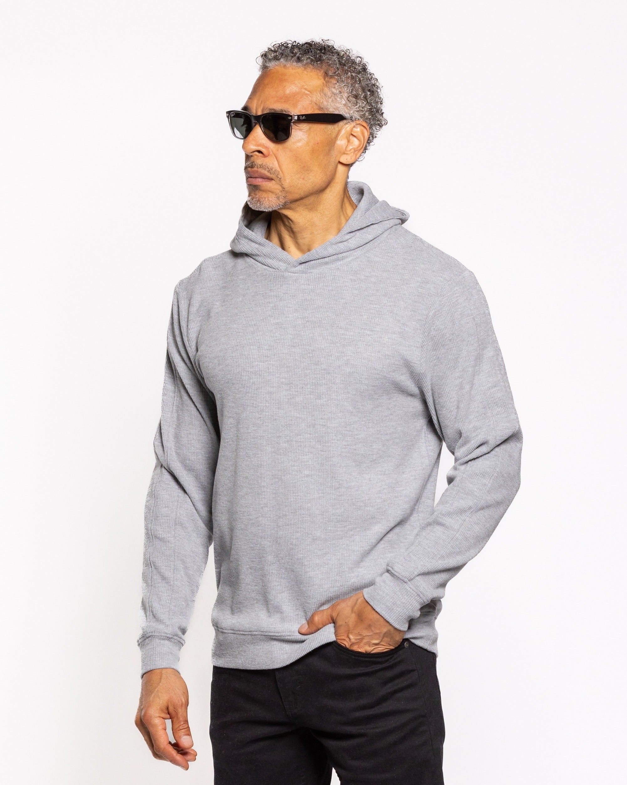 Heather grey pullover hoodie with kangaroo pocket and adjustable hood