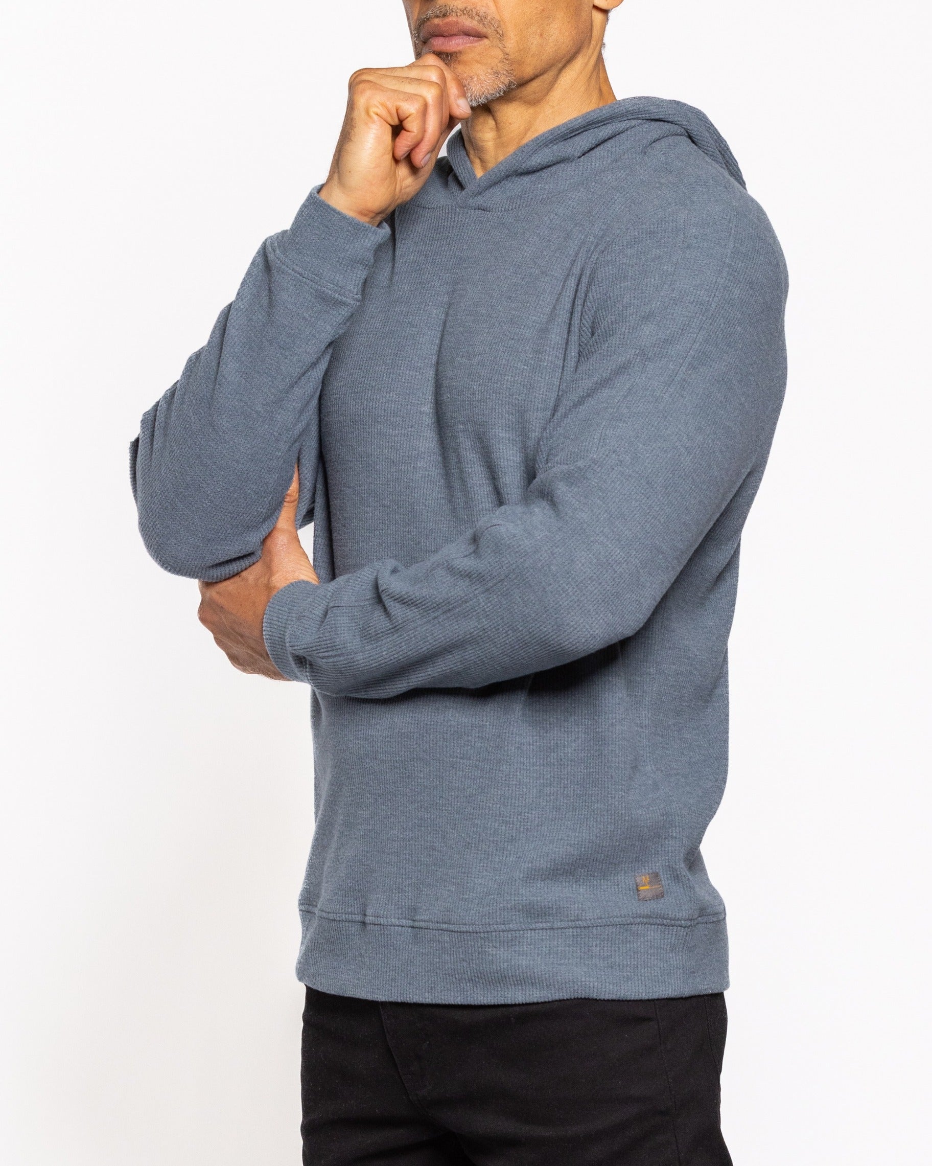 Dark slate pullover hoodie with hood and kangaroo pocket, long sleeves