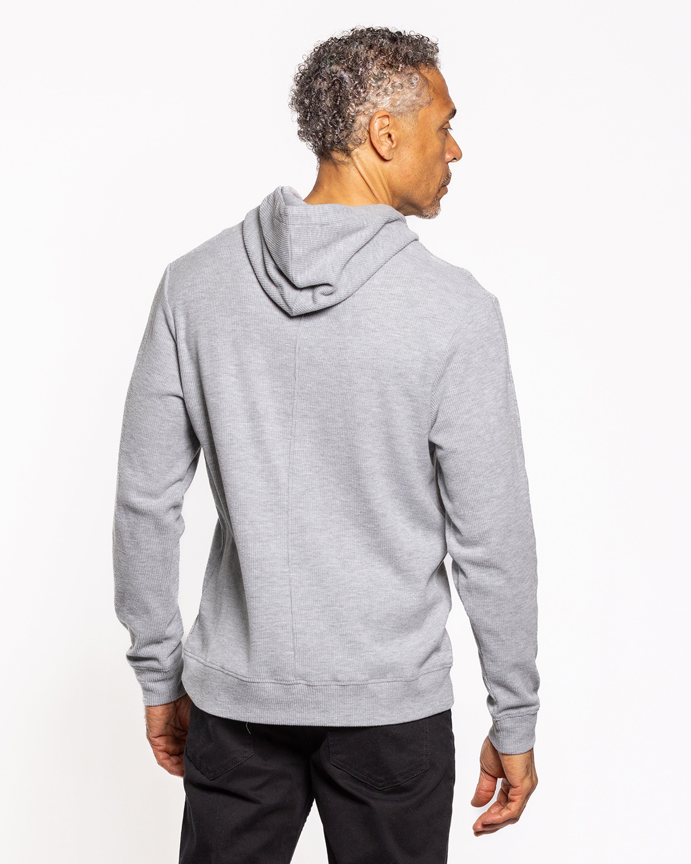 Heather grey pullover hoodie with hood and front pocket