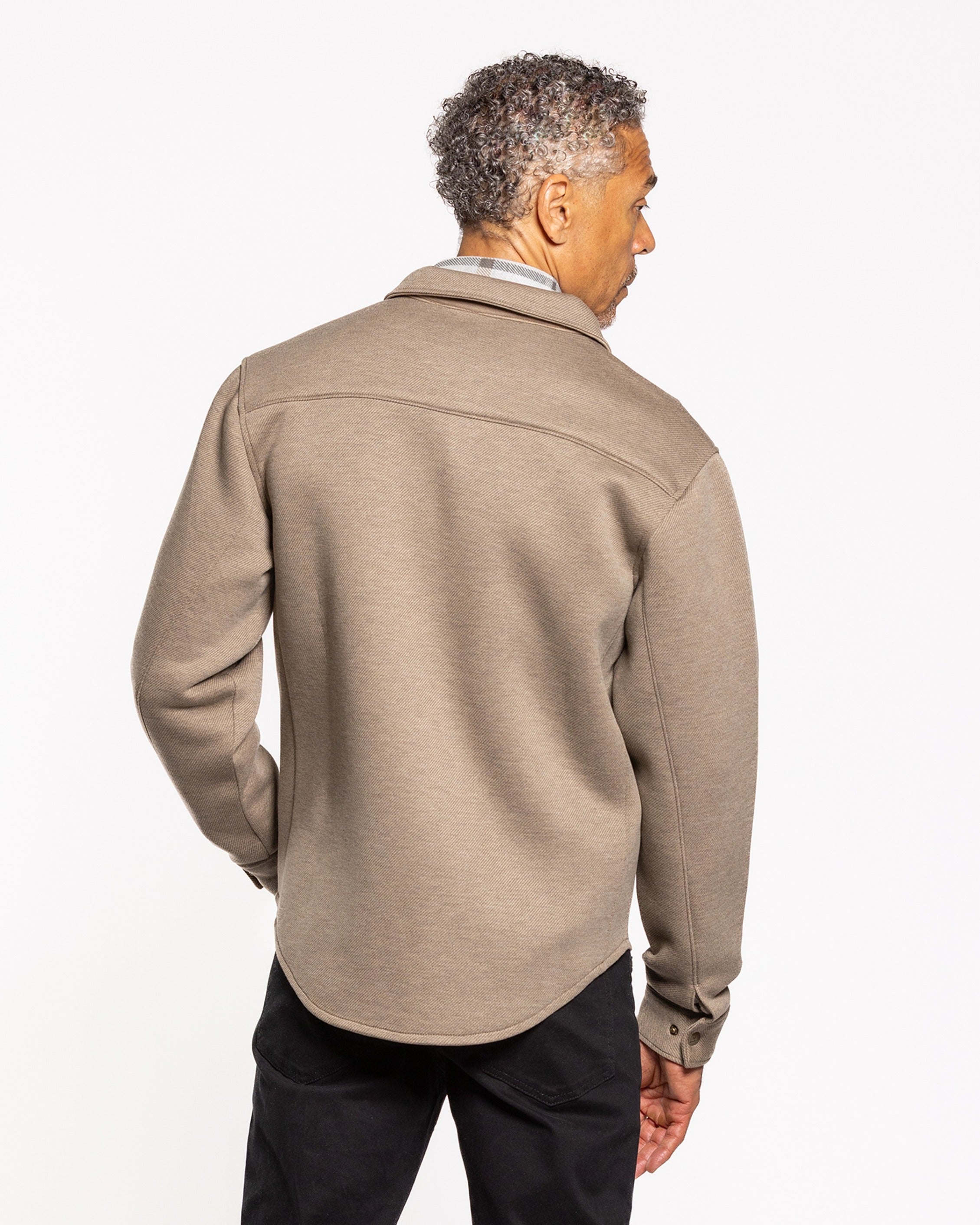 Walnut shirt jacket with stand collar, button cuffs, back view