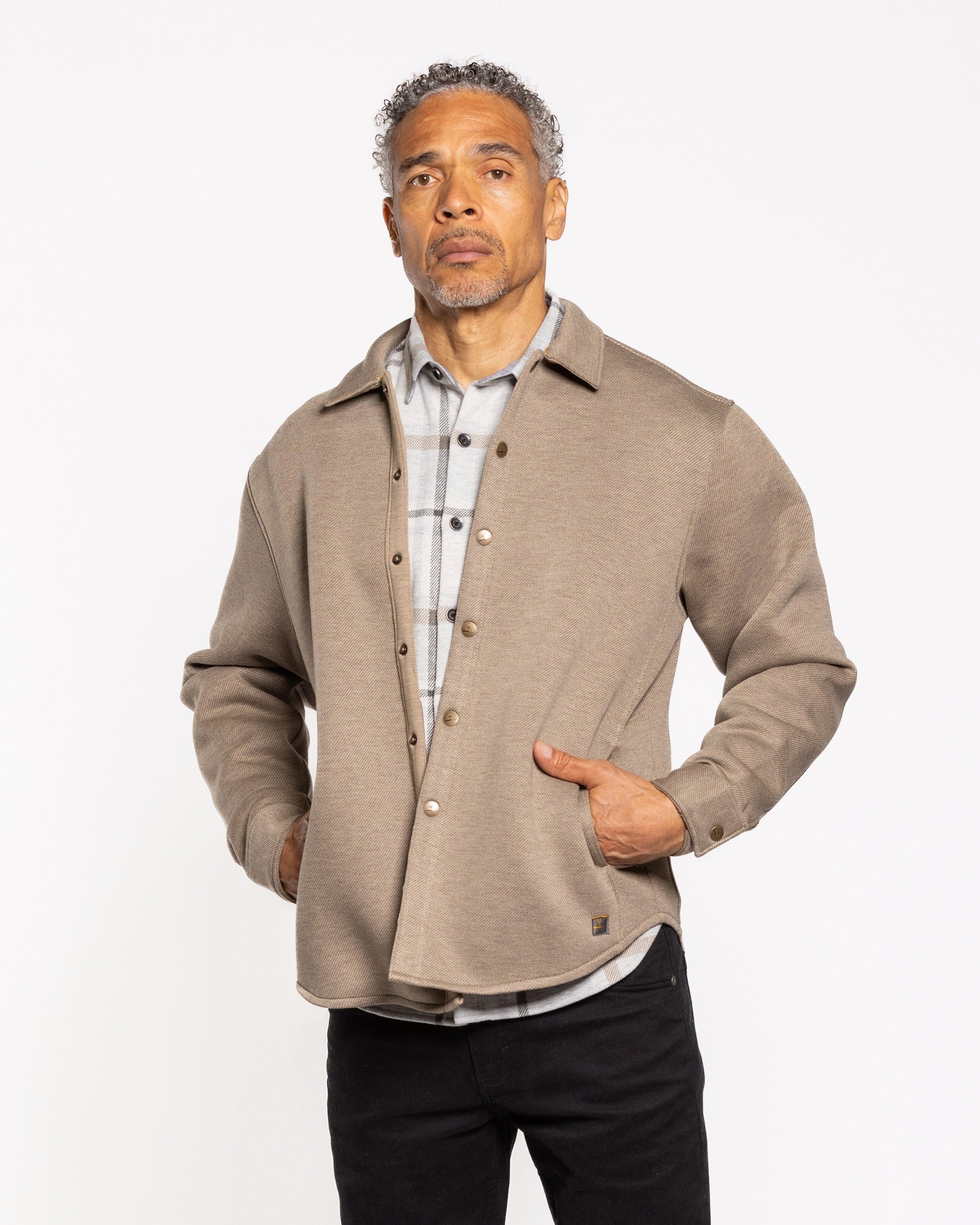 RIPTIDE shirt jacket in walnut brown with snap-button front and collar