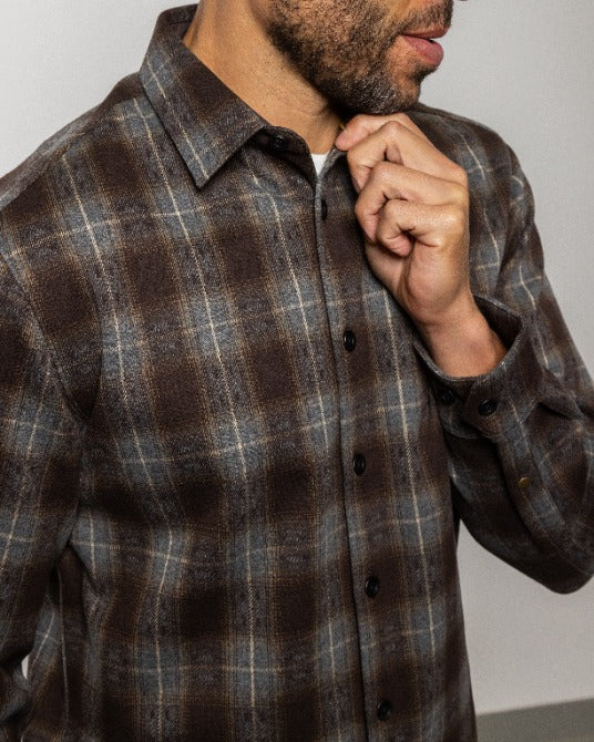 Plaid flannel button-up shirt close-up: pointed collar and dark brown gray pattern
