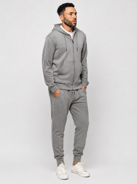 Tall gray jogger pants with drawstring waist and elastic cuffs, side pockets