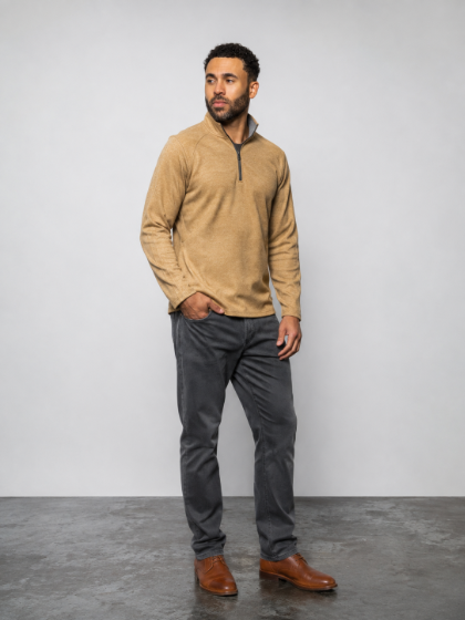 Mens tan quarter-zip pullover top with black zipper at the neckline and long sleeves