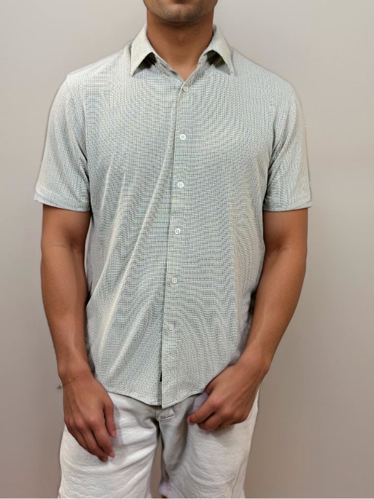 Men's short-sleeve button-up shirt in light blue with textured pattern and point collar