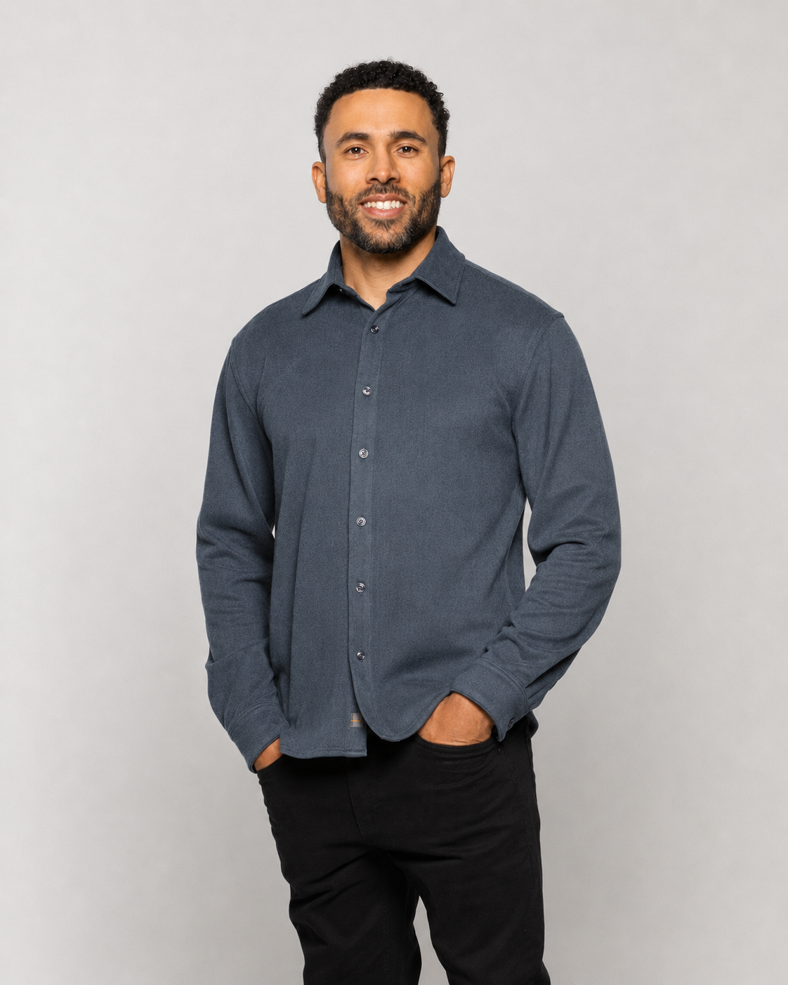 Men's dark slate long-sleeve button-up shirt with collared neckline
