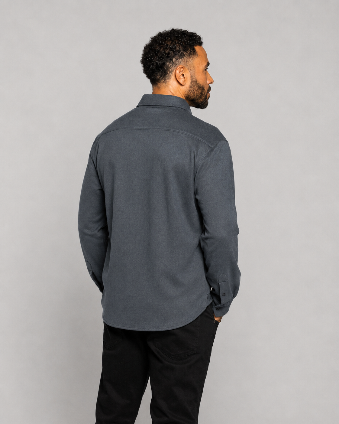 Men's dark slate long-sleeve button-up shirt, back view, with buttoned cuffs