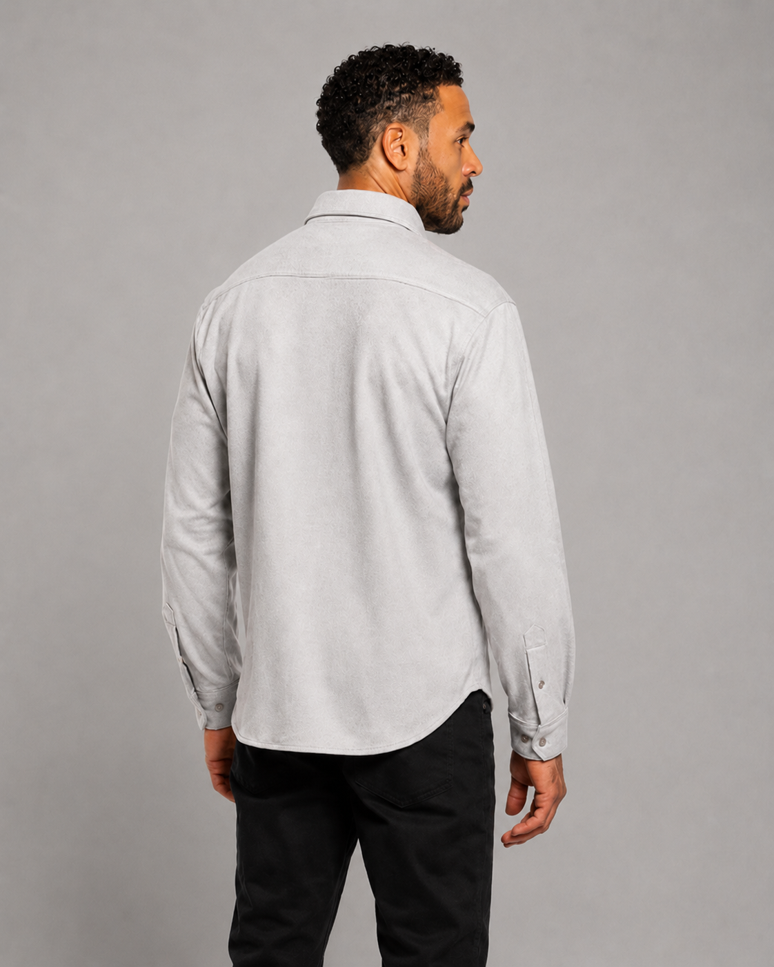 Light gray long-sleeve button-up shirt, back view