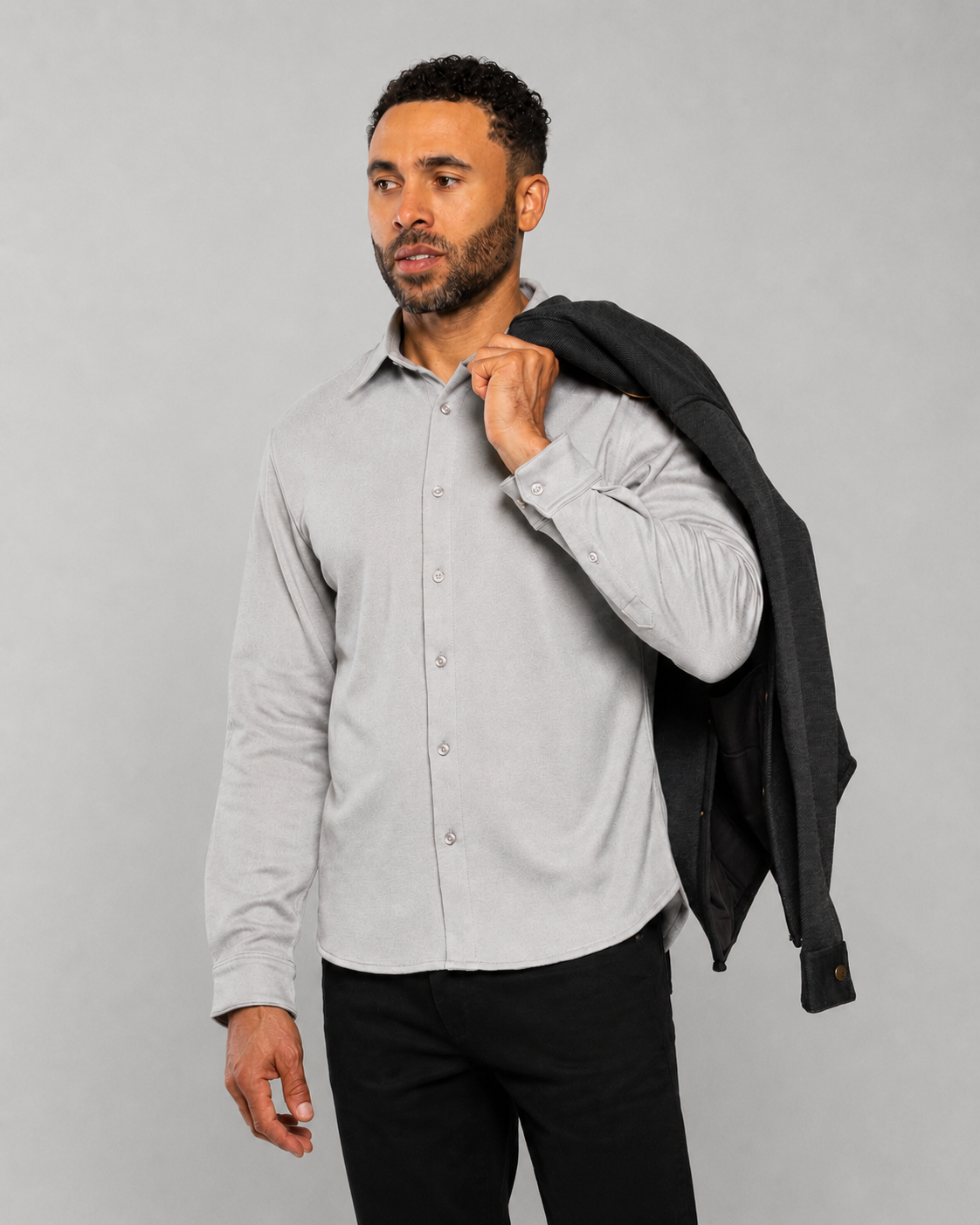 Light gray long-sleeve button-up shirt with collar, front view