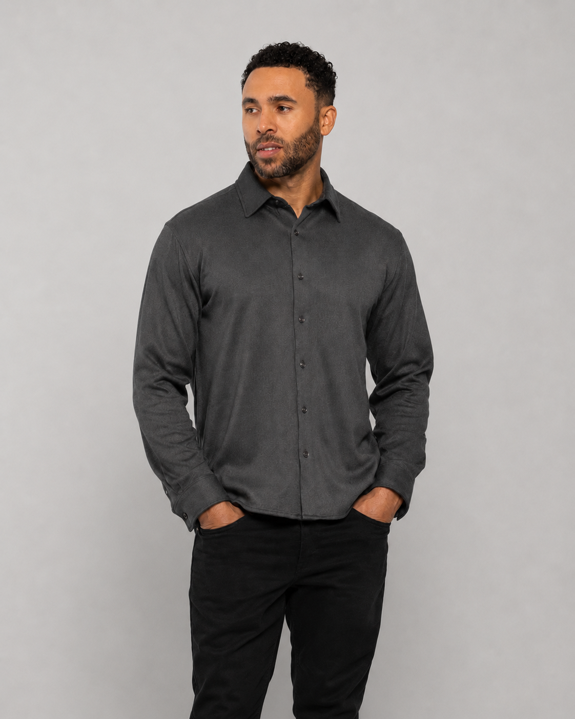 Men's long-sleeve button-up shirt, dark gray, collared, button front