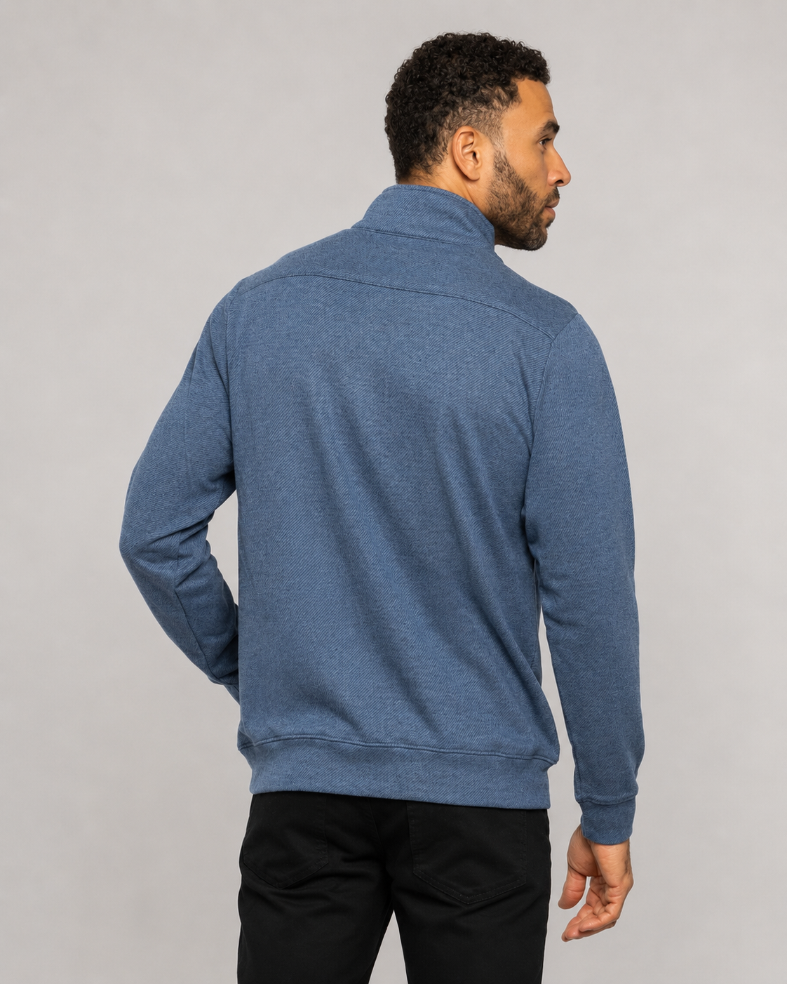 Indigo blue knit mock-neck pullover, back view, long sleeves