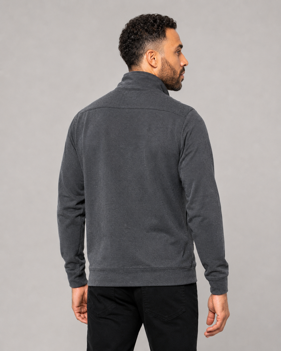 Men's dark mock-neck pullover, long sleeves, back view